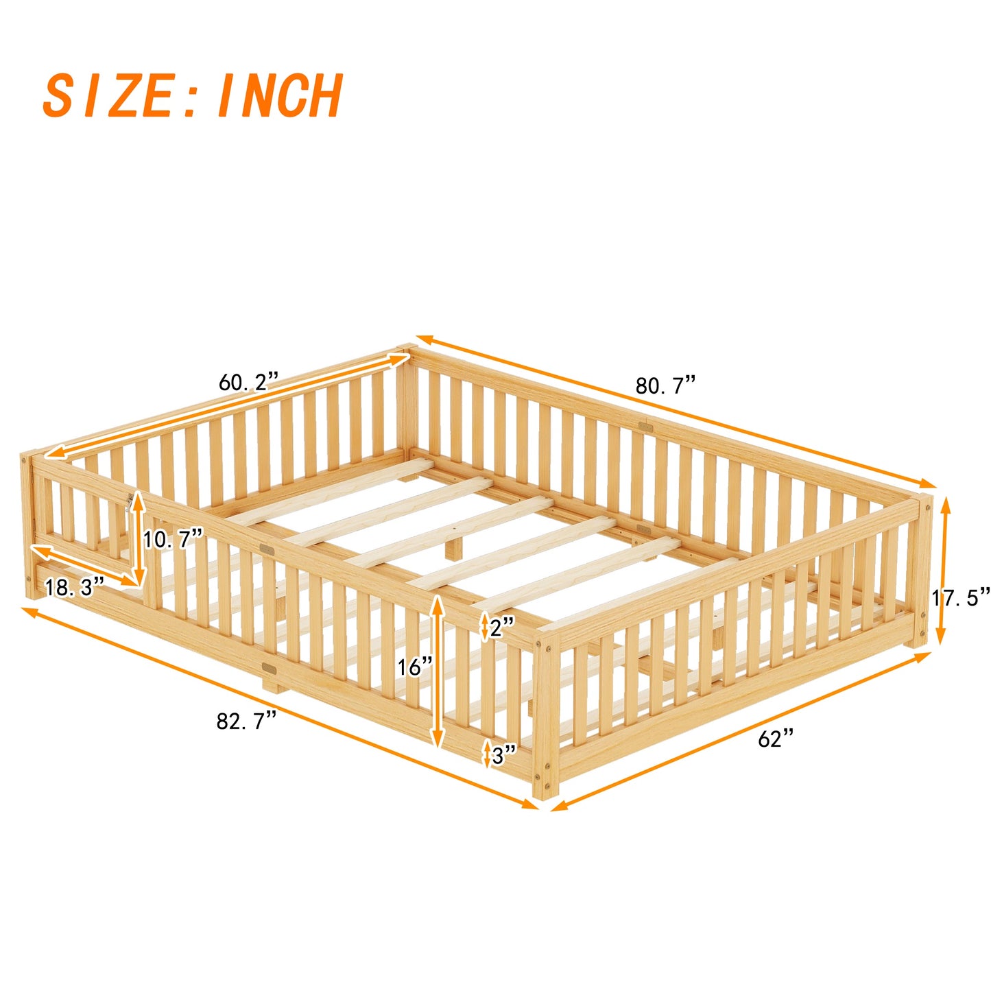 iRerts Queen Floor Bed Frame for Toddlers Kids, Wood Queen Montessori Bed Frame with Slats, Fence, Door, Kids Montessori Bed Queen Size, Queen Toddler Bed Frame for Boys Girls, Natural