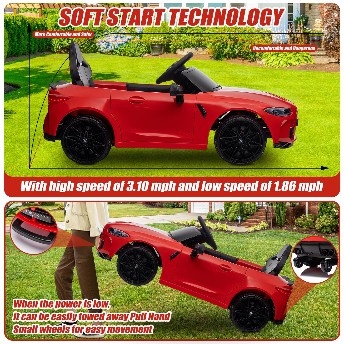 BMW M4 Black 12V Ride On Cars with Remote Control, Battery Powered Ride on Toys with Music, Bluetooth, Story, USB/MP3 Port, LED Light, Kids Electric Vehicle for Boys Girls with Wheels, Easy to Carry