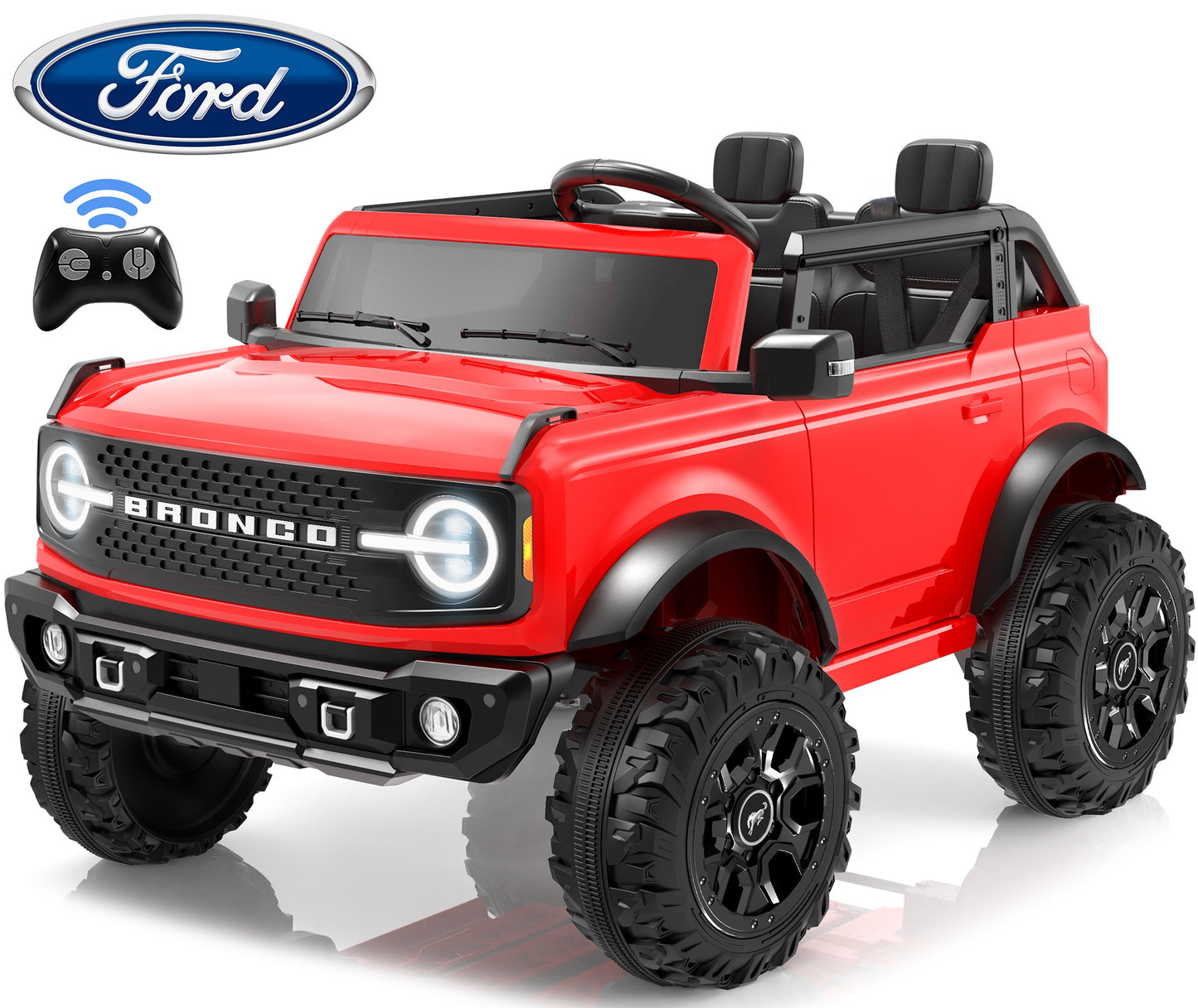 iRerts 2 Seater Ride on Cars, Licensed Ford Bronco Base 24V Ride on Toys for Big Kids Ages 3-8, Powered Kids Car Electric Vehicle with Remote Control, Bluetooth, LED Lights, 4 Wheel Suspension, Red