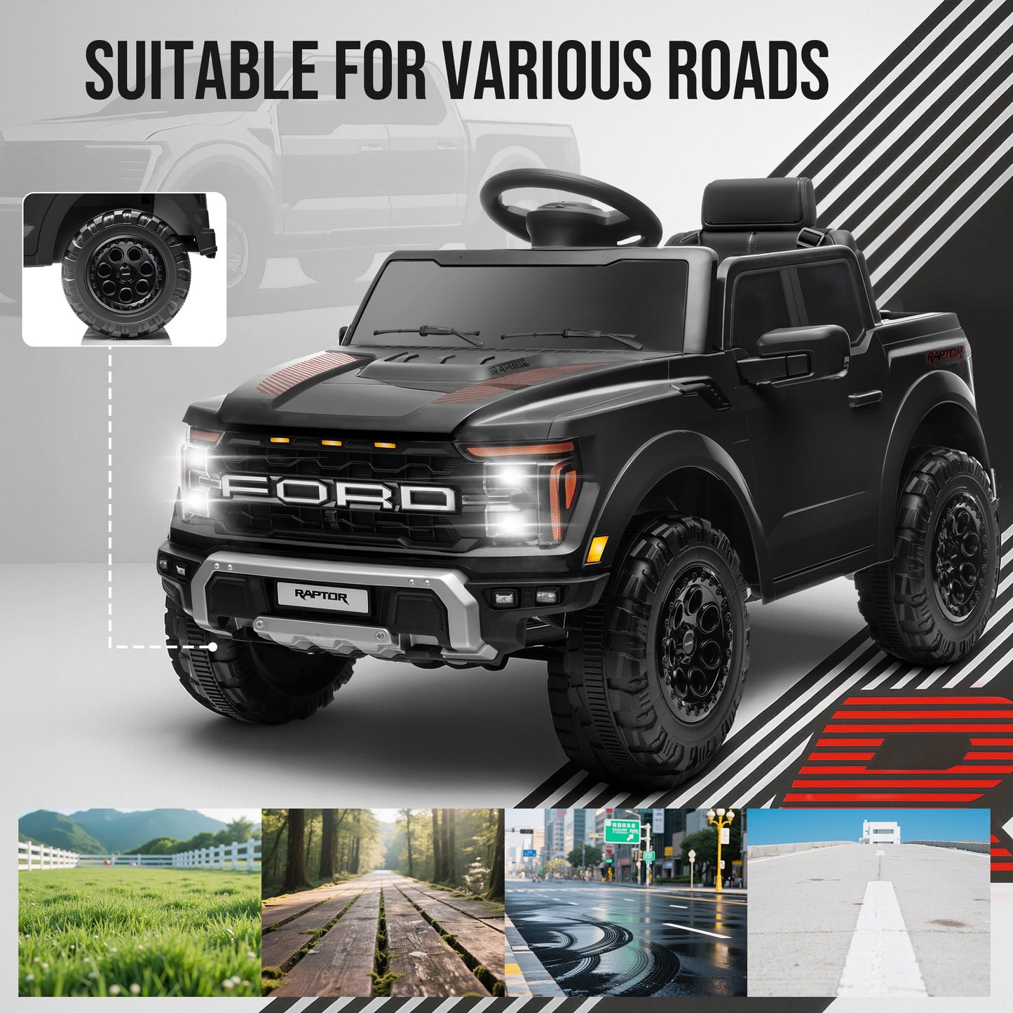 12V Ride on Cars with Remote Control, Licensed Ford F 150 Raptor Powered Ride on Toys with Bluetooth, Radio, LED Light, 4 Wheels Suspension, Kids Cars Electric Vehicles for Boys Girls Ages 3-6, Black