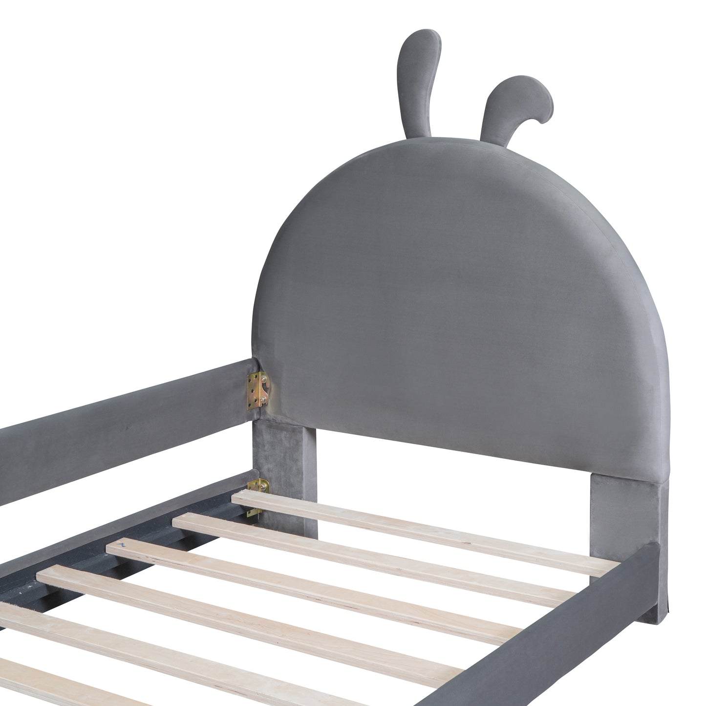 iRerts Upholstered Twin Daybed Frame for Kids, Velvet Twin Platform Bed Frame with Rabbit Ear Shaped Headboard and Footboard, Wood Twin Size Sofa Bed for Girls Boys, Gray