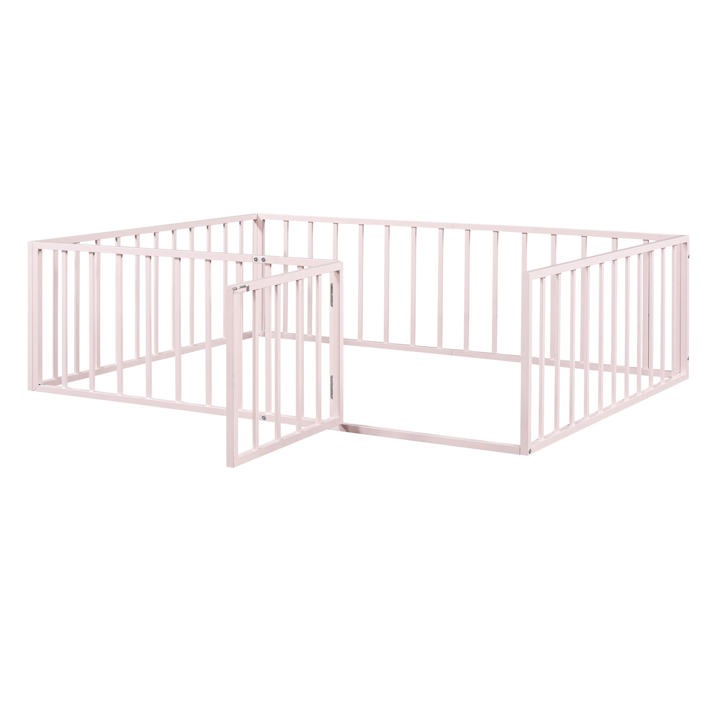 iRerts Full Floor Bed Frame, Metal Full Size Montessori Floor Bed Frame with Fence and Door, Kids Toddler Floor Bed Frame Full Size for Girls Boys, Twin Bed Frame without Bed Slats, Pink