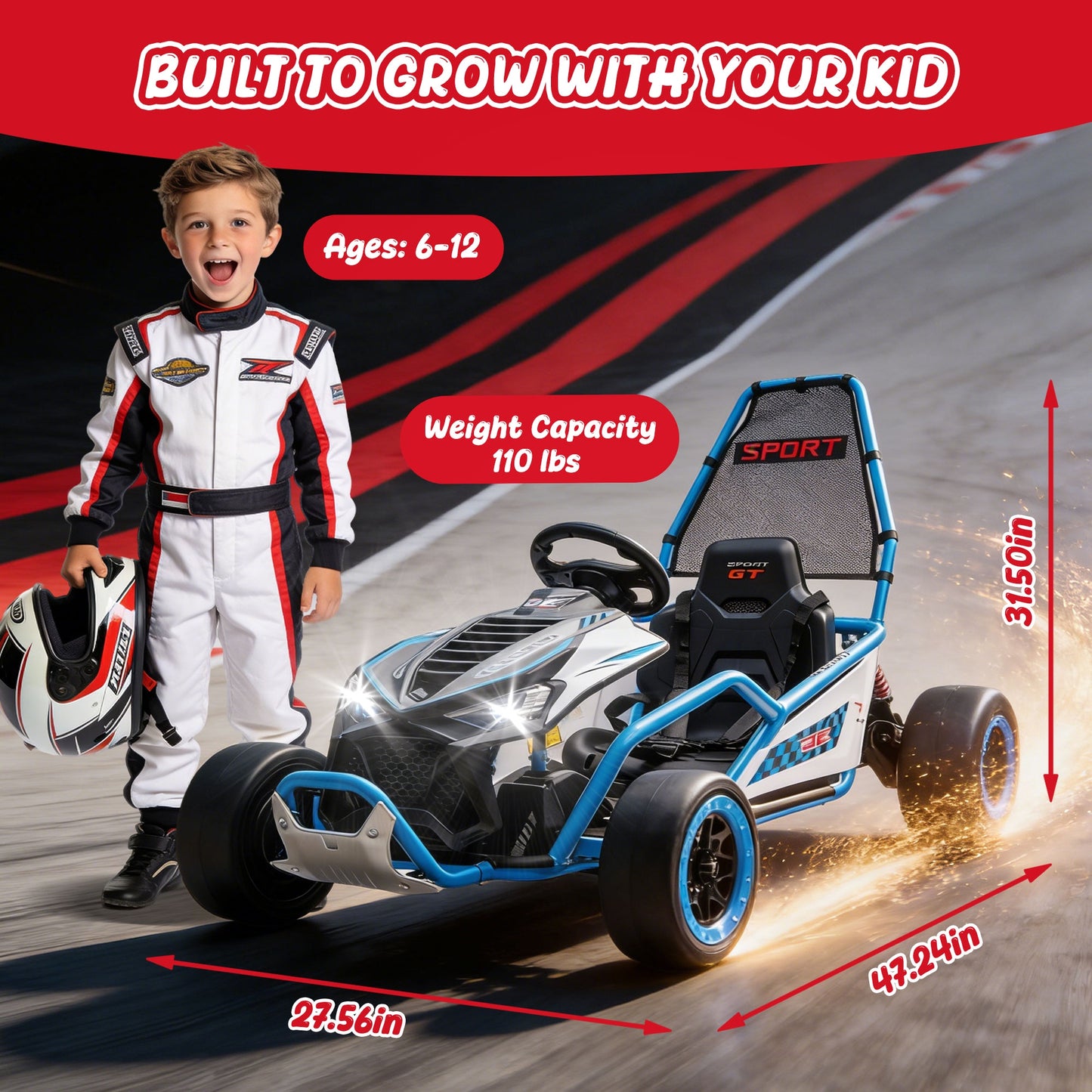 24V Powered Ride on Toys, iRerts Electric Go Kart with Drift Mode, Bluetooth Music, EVA Front Tires, Rear Wheel Suspension, Max Speed 7.5 MPH, Crazy Go Cart Electric Car for Kids 6-12 Ages,  Blue