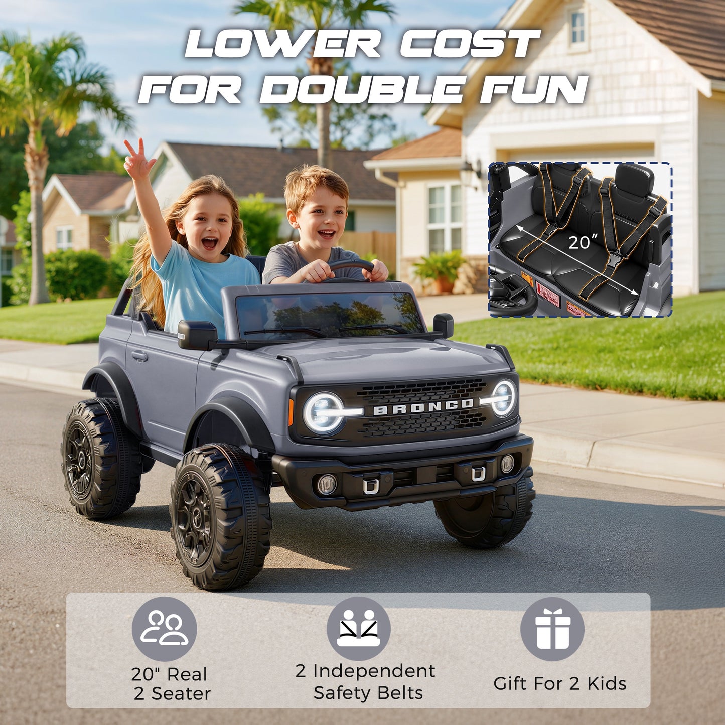 iRerts 2 Seater Ride on Cars, Licensed Ford Bronco Base 24V Ride on Toys for Big Kids Ages 3-8, Powered Kids Car Electric Vehicle with Remote Control, Bluetooth, LED Lights, 4 Wheel Suspension, Gray