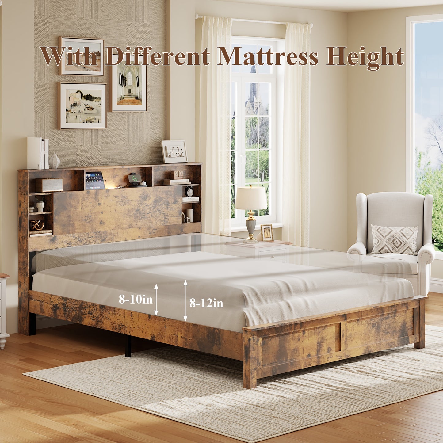 iRerts Wood Full Platform Bed Frame, Full Bed Frame with Storage Headboard, Charging Station, LED Lights, Full Bed Frame No Box Spring Needed, Dark Brown