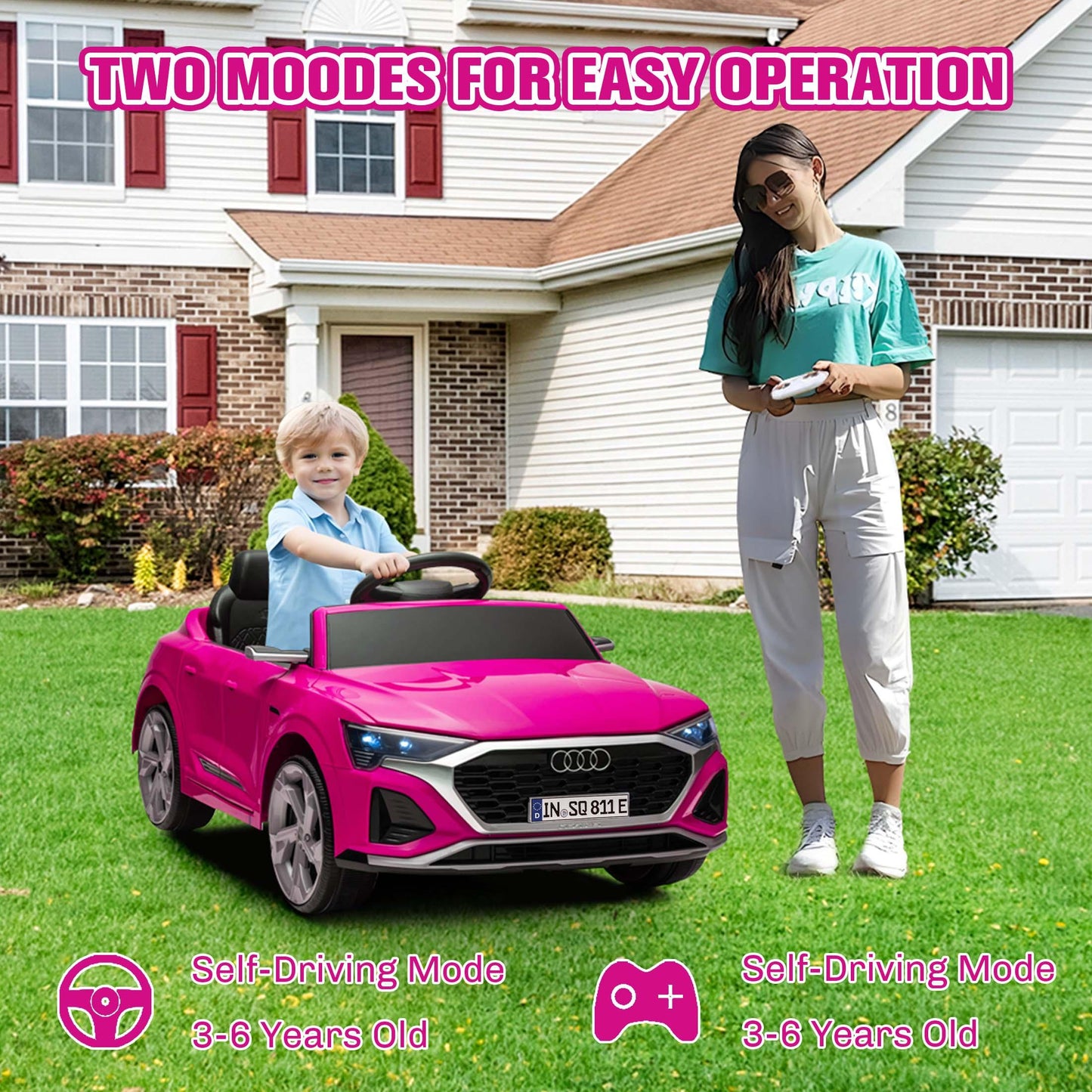 Ride on Toy Car Kids for Boys Girls, Licensed Audi SQ8 12V Ride on Cars with Remote Control, Battery Powered Electric Vehicle Car for Kids with Music, LED Lights, 3 Speed, 4 Wheeler, Pink