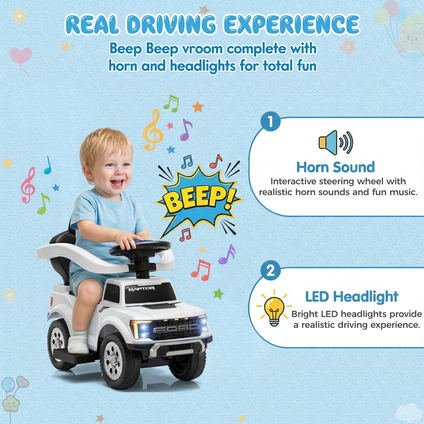Push Car for Toddlers 1-3, Licensed Ford F-150 3-in-1 Kids Ride on Toy with Parent Push Handle, Foot to Floor Sliding Car with Horn & Lights, Under Seat Storage, White