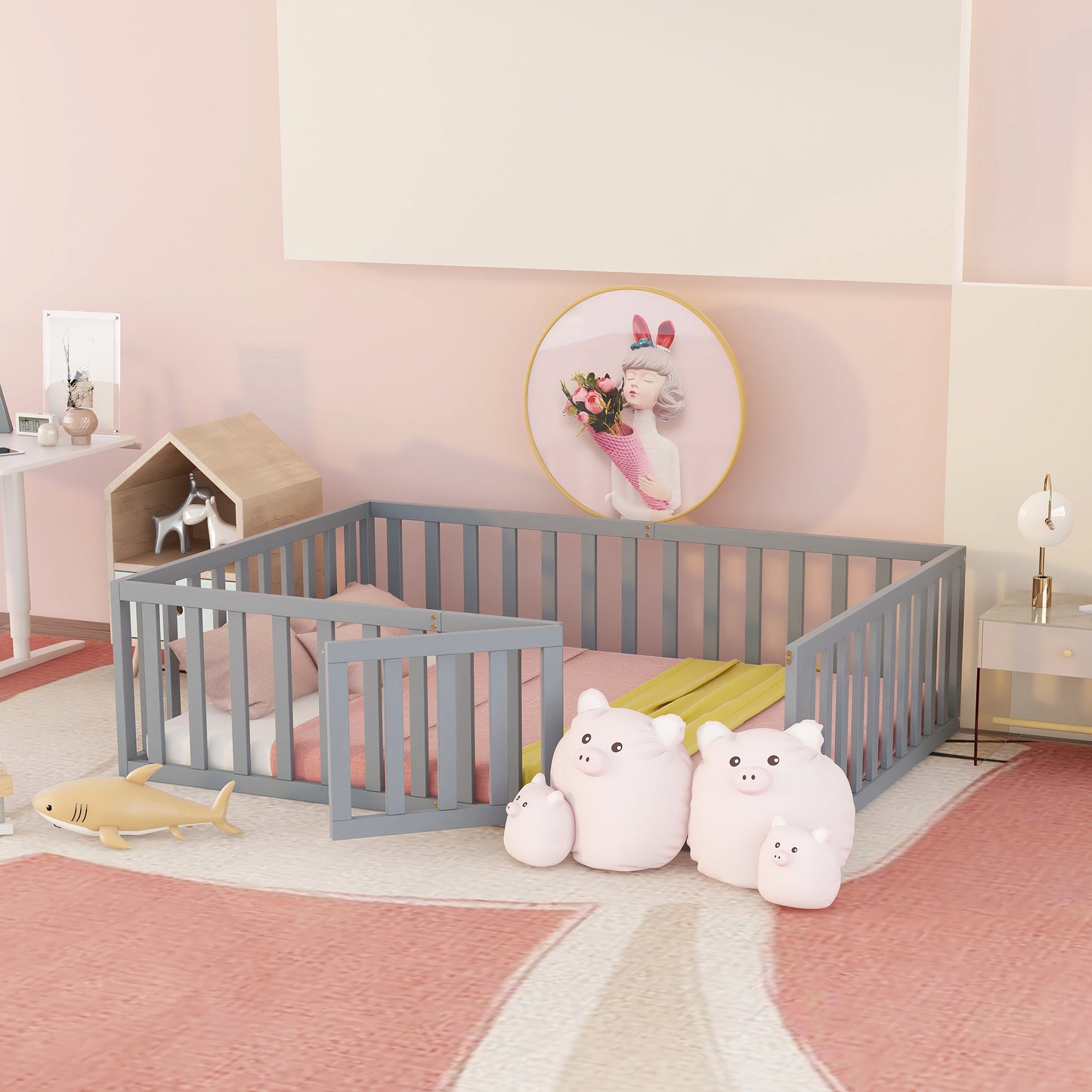 iRerts Full Floor Bed Frame for Kids Toddlers, Wood Montessori Low Floor Full Size Bed Frame with Fence Guardrail and Door, kids Full Bed for Boys Girls, Spring Needed, Gray