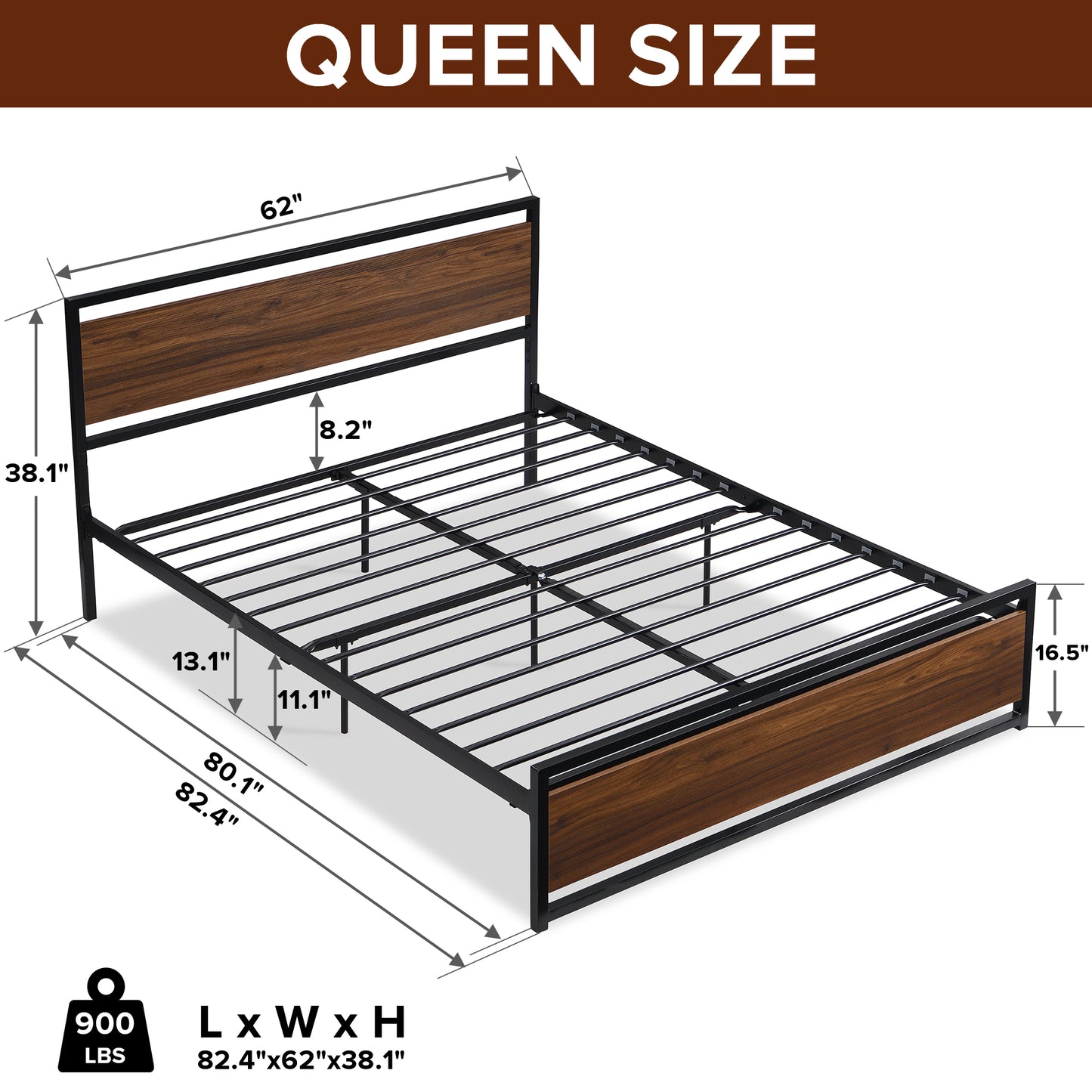 iRerts Queen Platform Bed Frame with Headboard, Industrial Metal Queen Bed Frame with Slat Support, Modern Bed Frame Queen Size for Adults Teens Kids Bedroom, No Box Spring Needed, Brown
