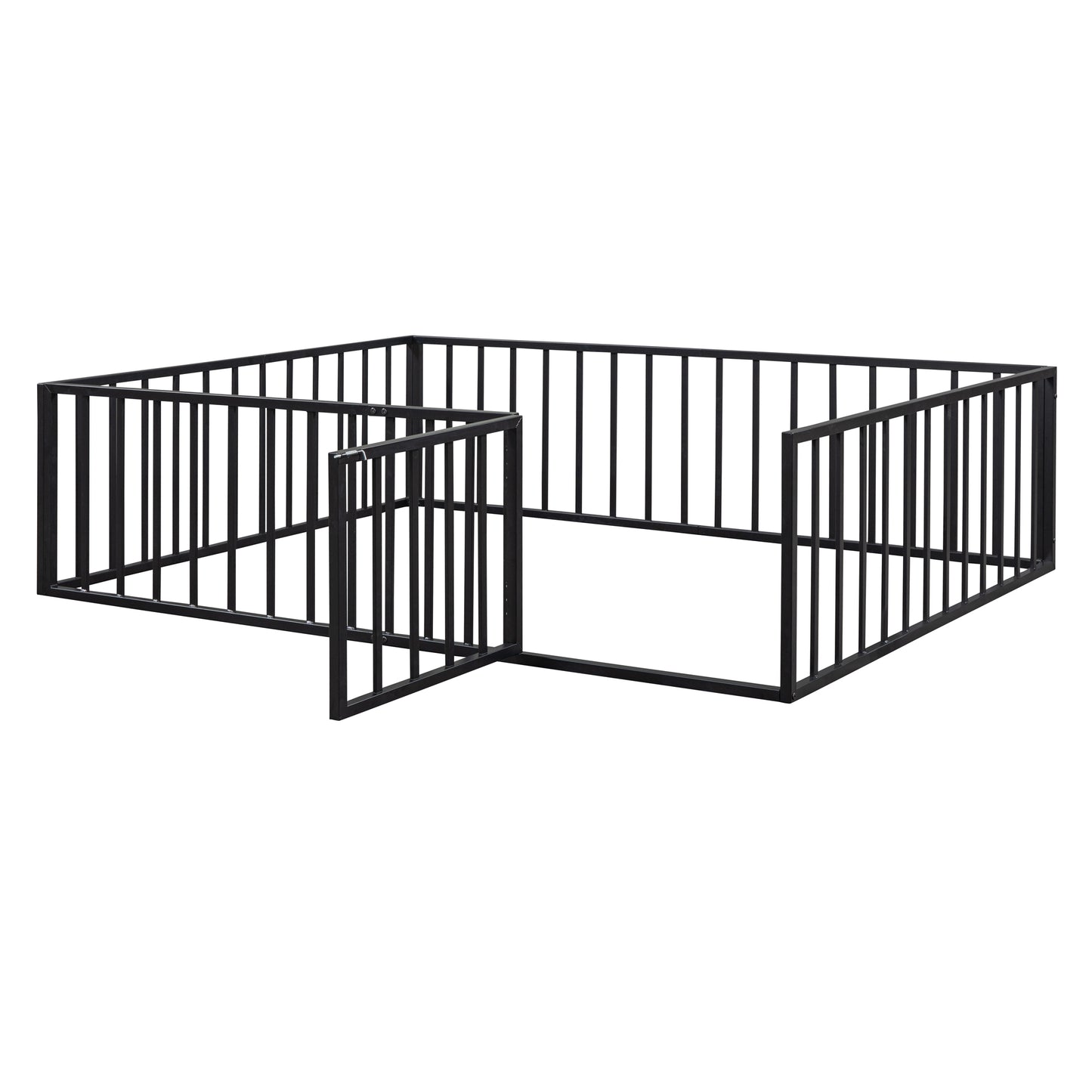 iRerts Queen Floor Bed Frame, Metal Queen Size Montessori Floor Bed Frame with Fence and Door, Kids Toddler Floor Bed Frame Queen Size for Girls Boys, Twin Bed Frame without Bed Slats, Black