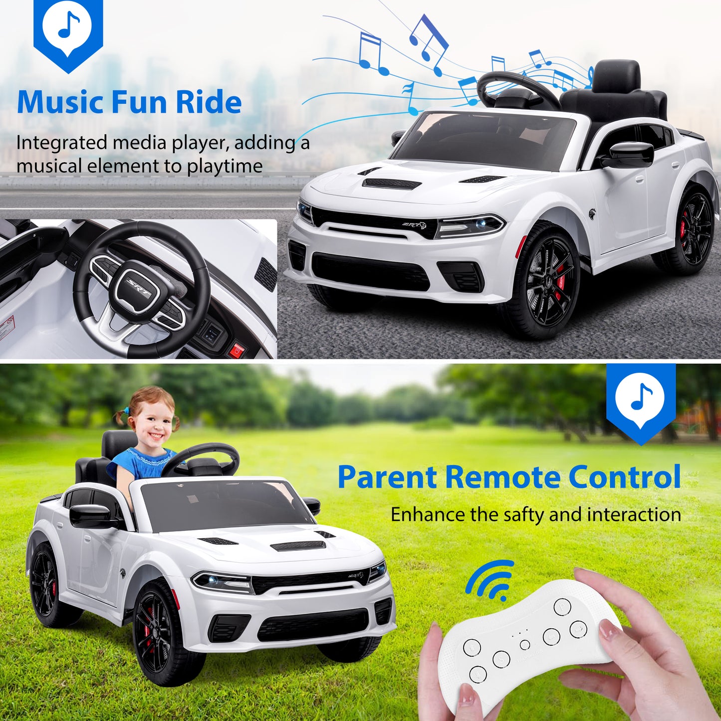 iRerts 12V White Dodge Charger Ride On Cars with Remote Control,  Kids Ride on Toys with Bluetooth, Music, LED Light, USB, MP3, 4 Wheel Suspension, Electric Cars for Kids Boys Girls Birthday Gifts