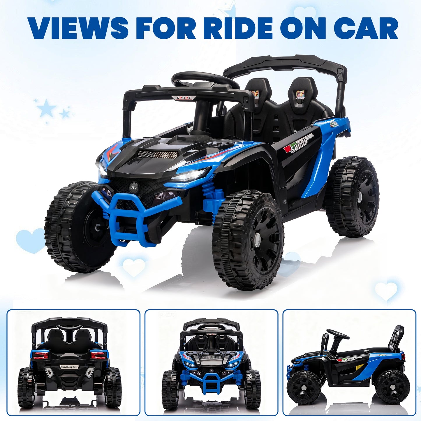 iRerts 24V Powered Ride on Car UTV, Kids Ride on Toys with Remote Control, Bluetooth, Music, 4 Wheels Suspension, LED Light, Kids Cars 4 Wheeler Electric Vehicles for Boys Girls Ages 3-5 Gifts, Blue