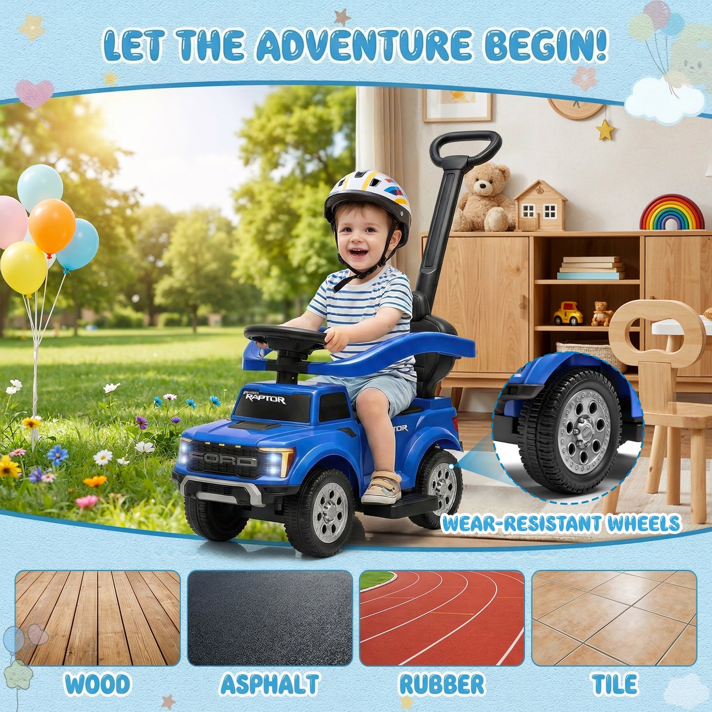 Push Car for Toddlers 1-3, Licensed Ford F-150 3-in-1 Kids Ride on Toy with Parent Push Handle, Foot to Floor Sliding Car with Horn & Lights, Under Seat Storage, Blue