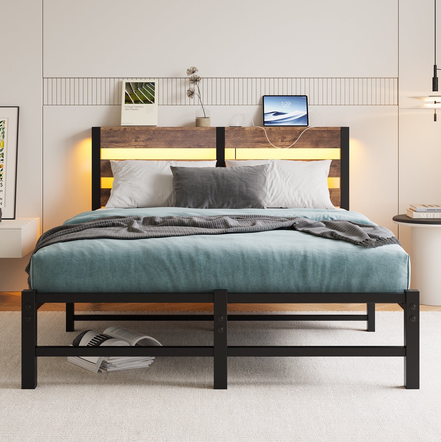 iRerts Full Bed Frame with Headboard, Metal Platform Bed Frame Full Size with USB Charging Station, LED Lights, Steel Slats, LED Bed Frame No Box Spring Needed for Bedroom Furniture, Brown