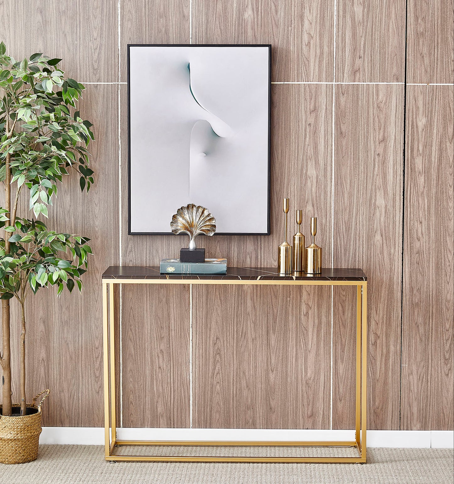 iRerts Console Table Narrow Sofa Table with Metal Frame, Gold Entryway Table with MDF Tabletop, Industrial Skinny Hallway Table Sofa Tables Narrow Long for Hallway Living Room Home Office Entrance