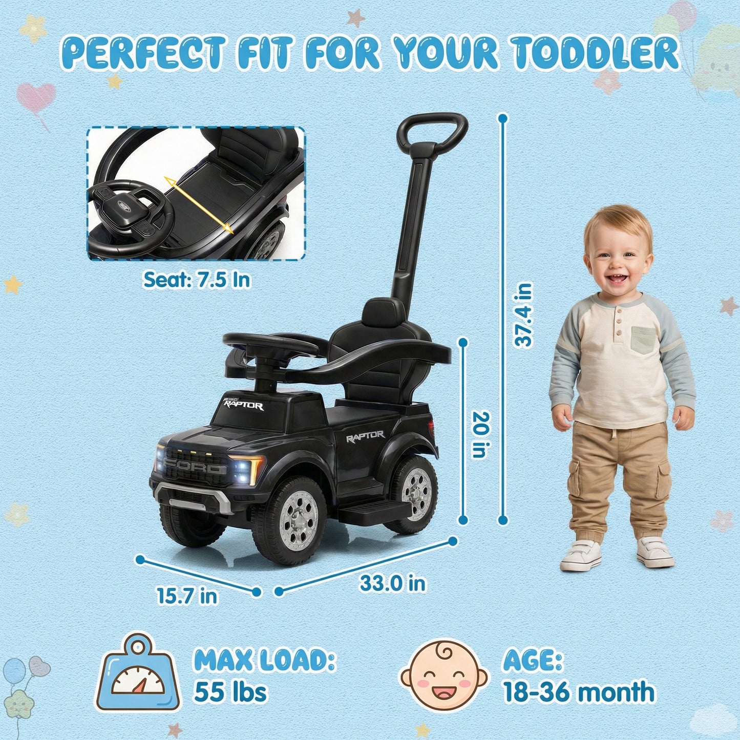 Push Car for Toddlers 1-3, Licensed Ford F-150 3-in-1 Kids Ride on Toy with Parent Push Handle, Foot to Floor Sliding Car with Horn & Lights, Under Seat Storage, Black