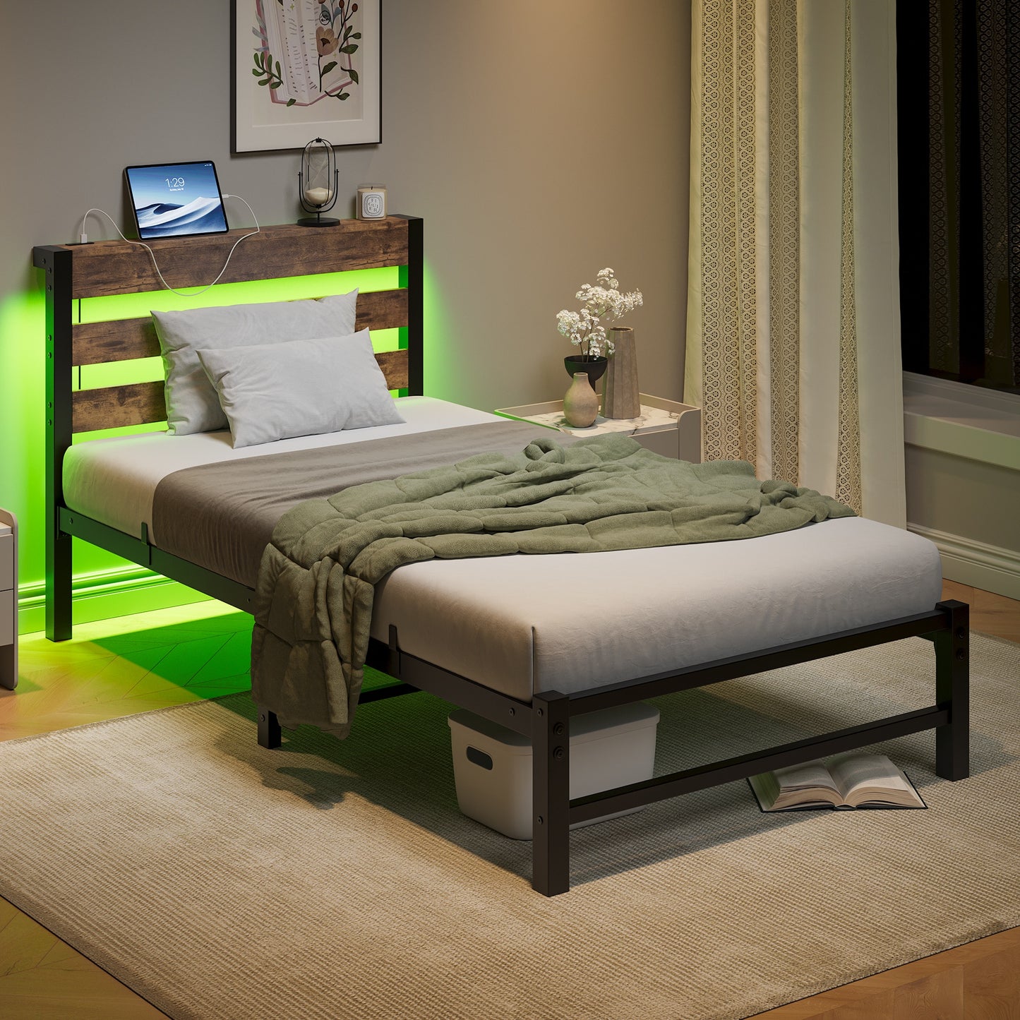 iRerts Twin Bed Frame with Headboard, Metal Platform Bed Frame Twin Size with USB Charging Station, LED Lights, Steel Slats, LED Bed Frame No Box Spring Needed for Bedroom Furniture, Brown