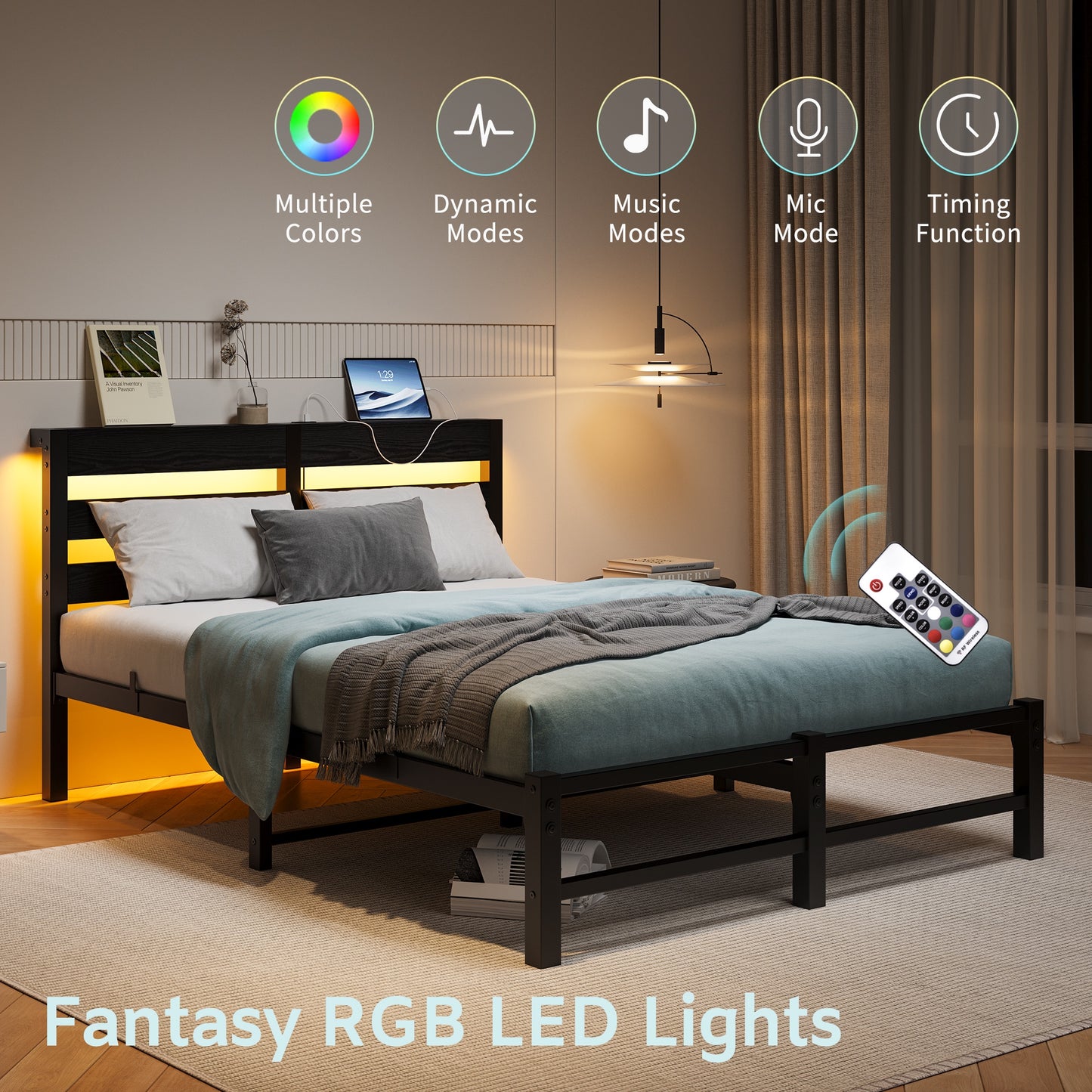iRerts Full Bed Frame with Headboard, Metal Platform Bed Frame Full Size with USB Charging Station, LED Lights, Steel Slats, LED Bed Frame No Box Spring Needed for Bedroom Furniture, Black