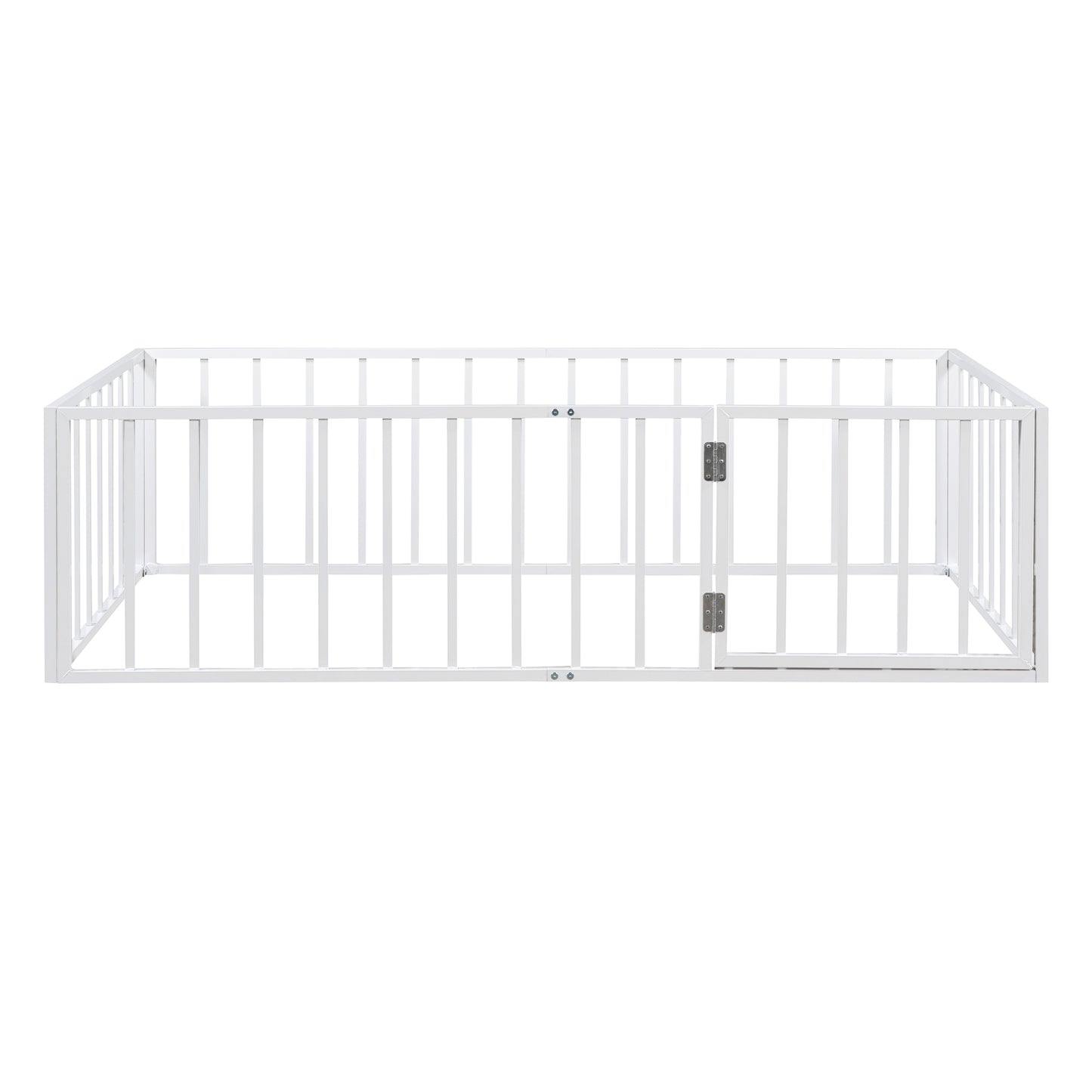iRerts Twin Floor Bed Frame, Metal Twin Size Montessori Floor Bed Frame with Fence and Door, Kids Toddler Floor Bed Frame Twin Size for Girls Boys, Twin Bed Frame without Bed Slats, White