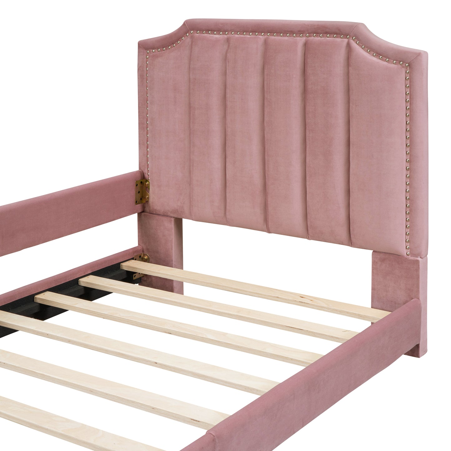 iRerts Upholstered Twin Platform Bed Frame, Velvet Twin Daybed Frame with Classic Stripe Shaped Headboard and Footboard, Wood Twin Size Sofa Bed for Kids Girls Boys, No Box Spring Needed, Pink