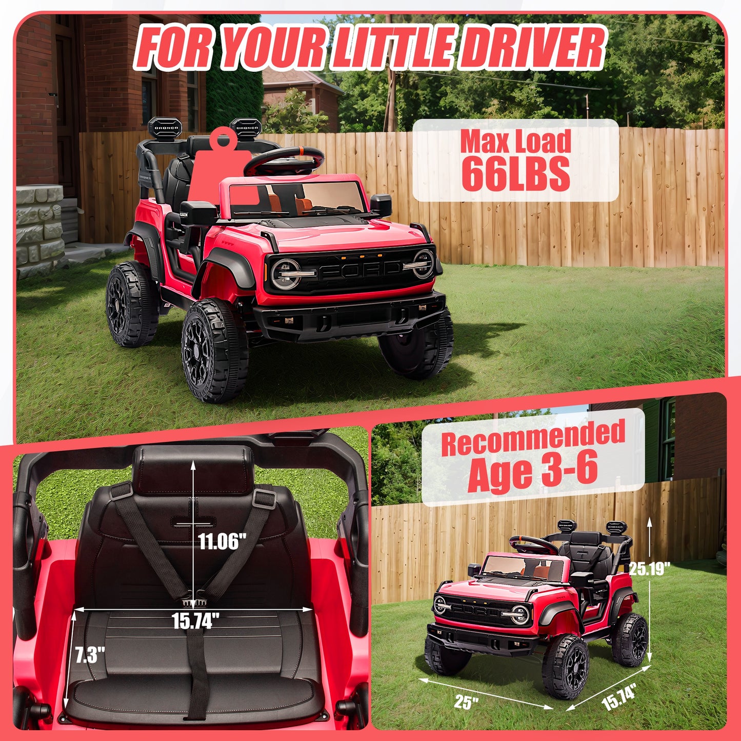 12V Powered Ride on Car, Ford Bronco Raptor Ride on Toys with Remote Control, Battery Powered Ride on Trucks with Bluetooth Music, LED Light, Kids Car Electric Vehicle for Boys Girls Gifts, Red