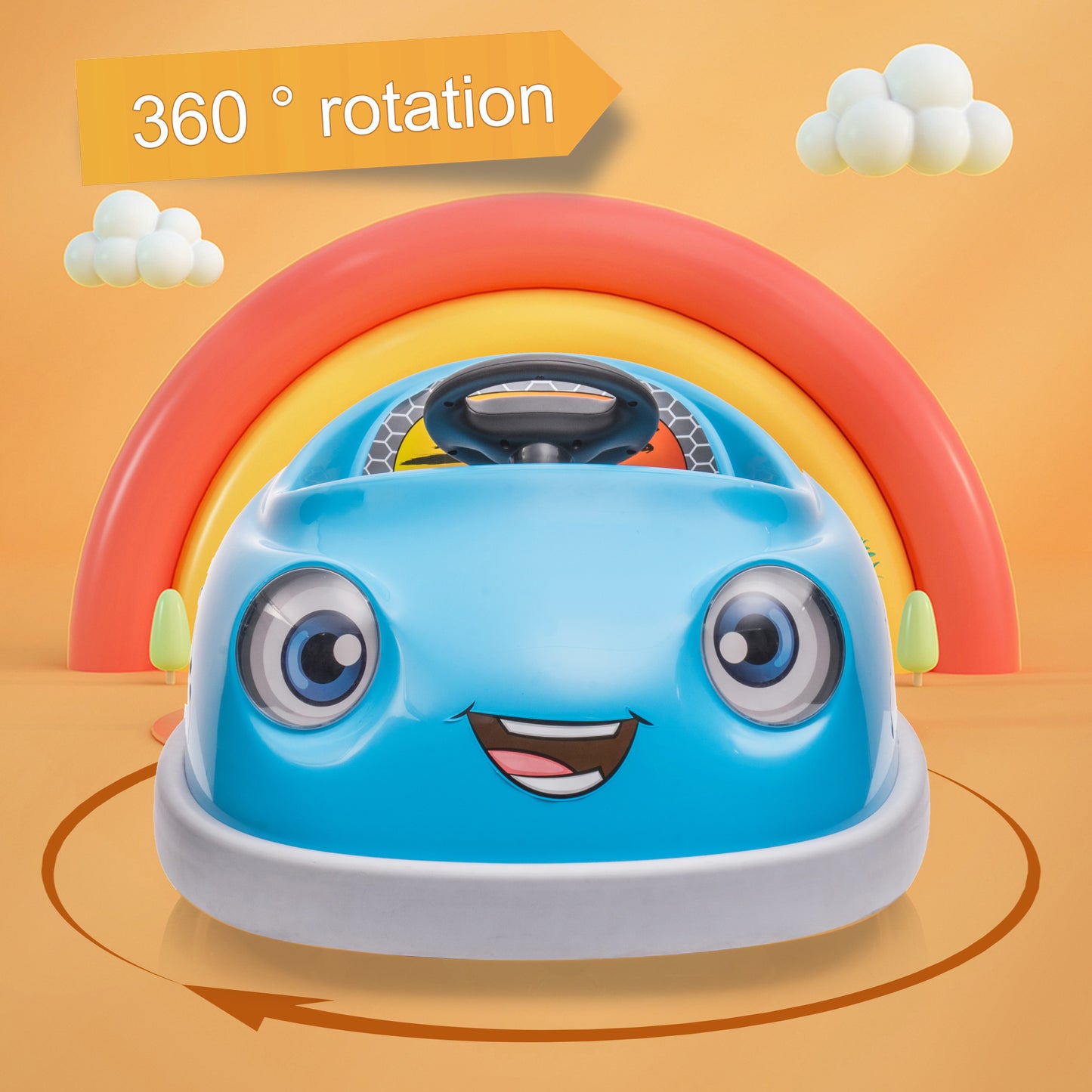 iRerts Kids Bumper Car with Remote Control, 12V Bumper Car for Toddlers Ages 1-6 Years with Rocking Horse Mode, Push Rod, Dinner Plate, USB Bluetooth Music, Ride on Toys Car for Boys Girls Gifts, Blue