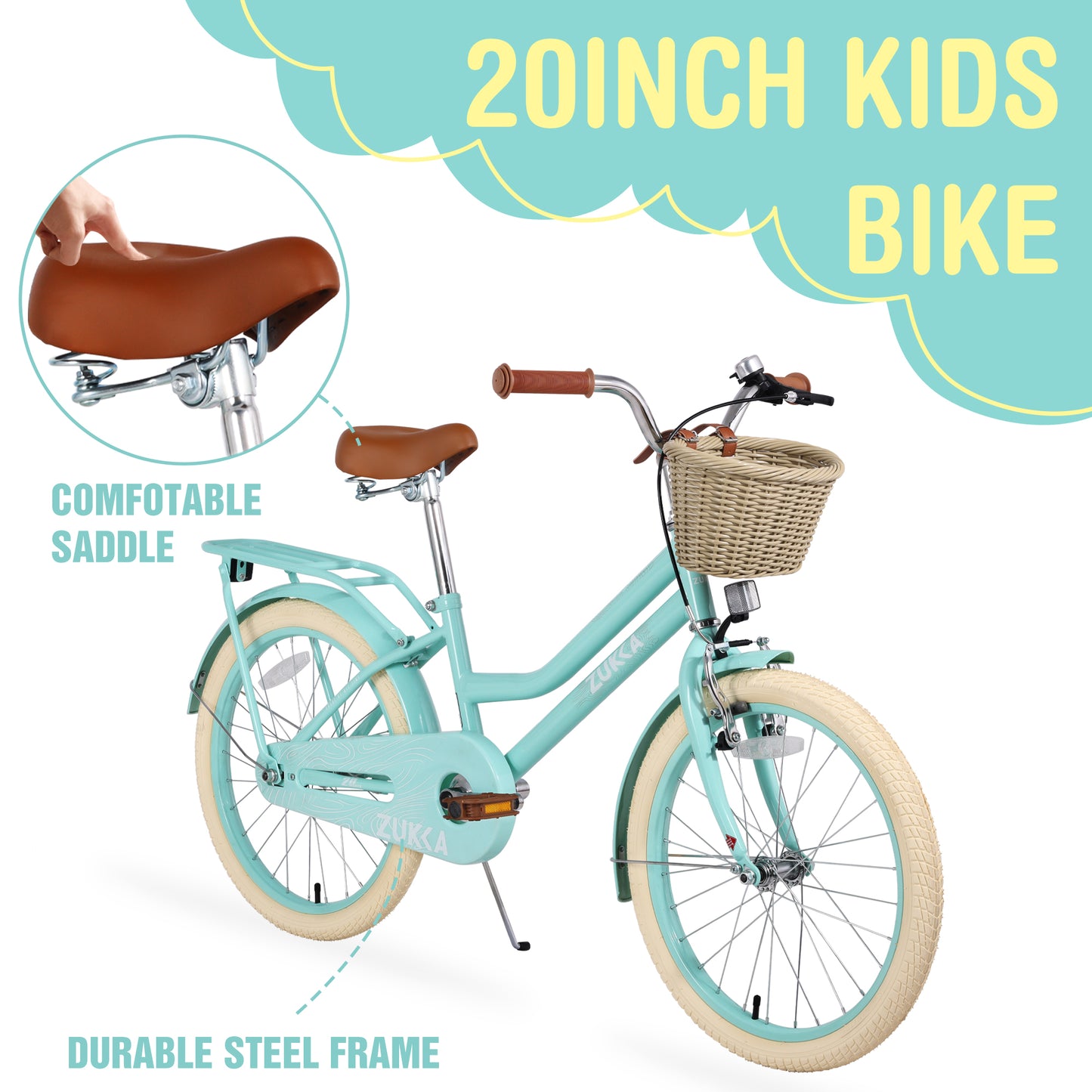 iRerts Girls Bike for 7-10 Years Old Kids, 20 Inch Bike with Basket, Brown Leather Saddle, Coaster Brakes, Retro Style Girls Bicycle Kids Cycle Bikes, Kids Bicycle for Gifts, Mint Green