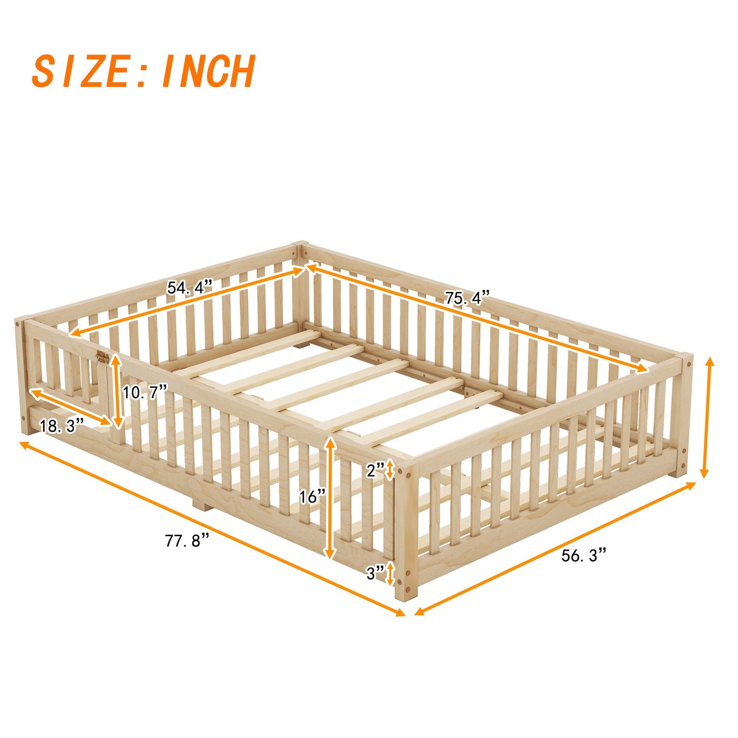 iRerts Full Floor Bed Frame for Toddlers Kids, Wood Full Montessori Bed Frame with Slats, Fence, Door, Kids Montessori Bed Full Size, Full Toddler Bed Frame for Boys Girls, Natural