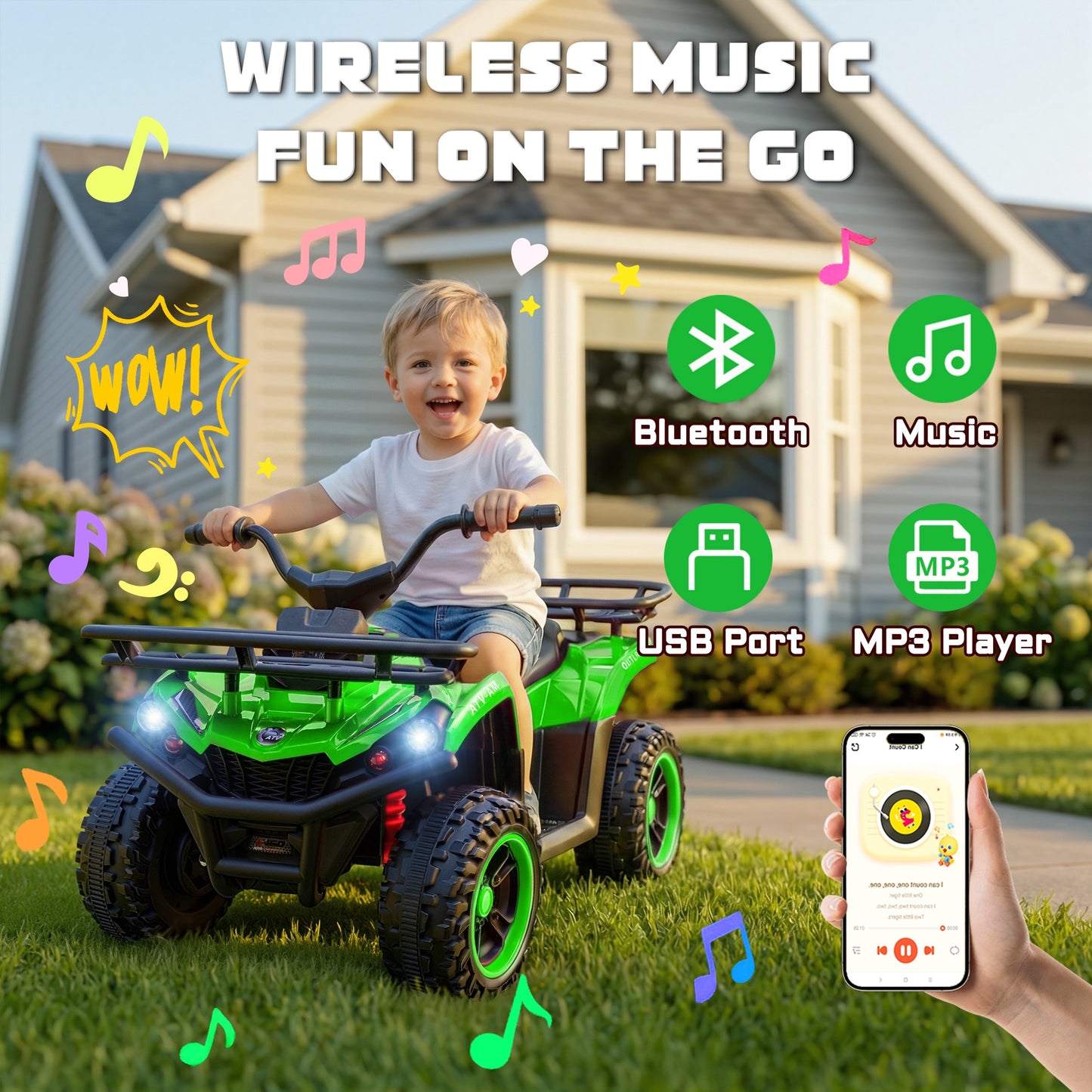 iRerts 24V Ride on ATV, Powered Ride on Toys for Kids Boys Girls Ages 3-5, Kids 4 Wheeler Electric Cars with Bluetooth, Music, LED Headlights, Front Rear Storage Racks, Crash Bars, Green