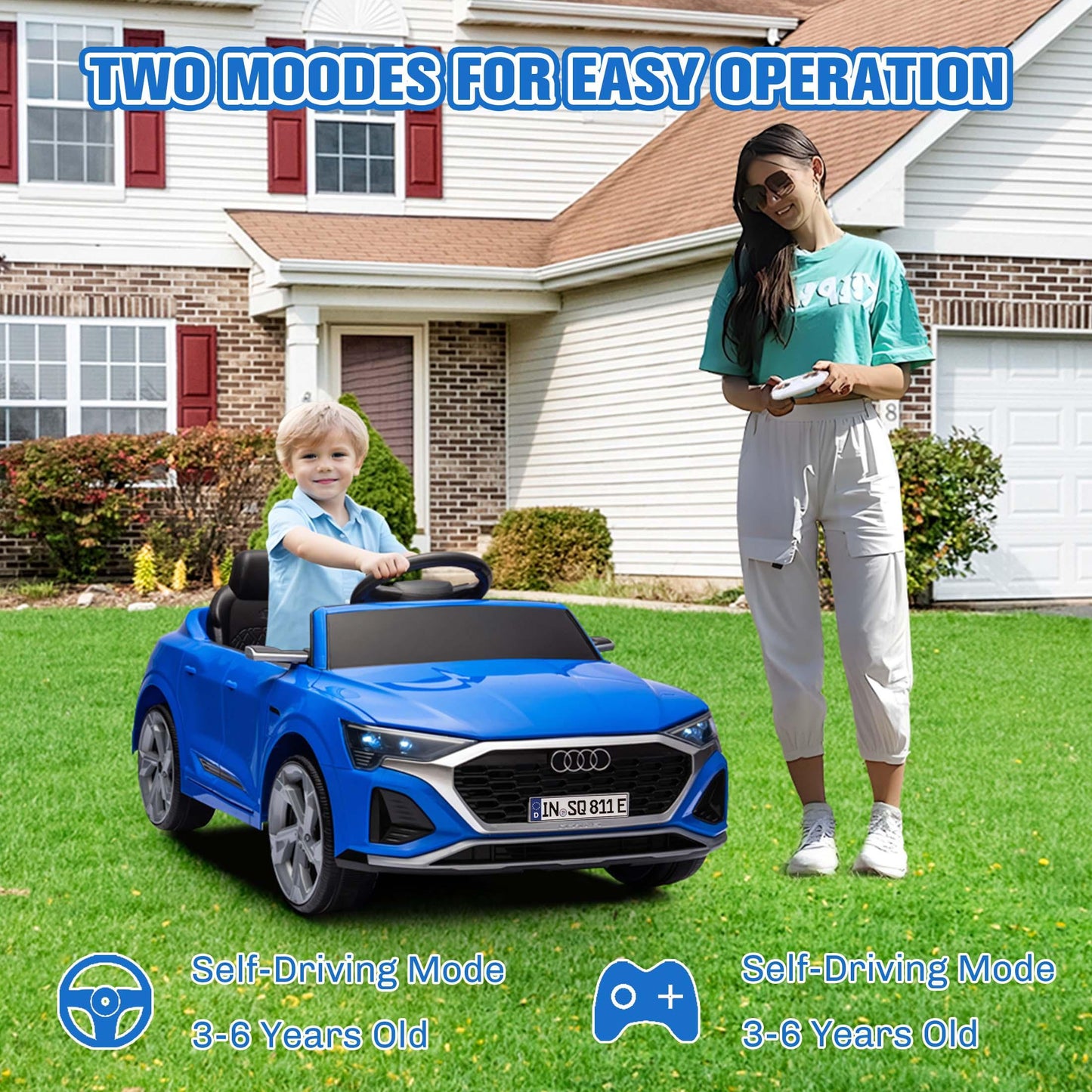 Ride on Toy Car Kids for Boys Girls, Licensed Audi SQ8 12V Ride on Cars with Remote Control, Battery Powered Electric Vehicle Car for Kids with Music, LED Lights, 3 Speed, 4 Wheeler, Blue