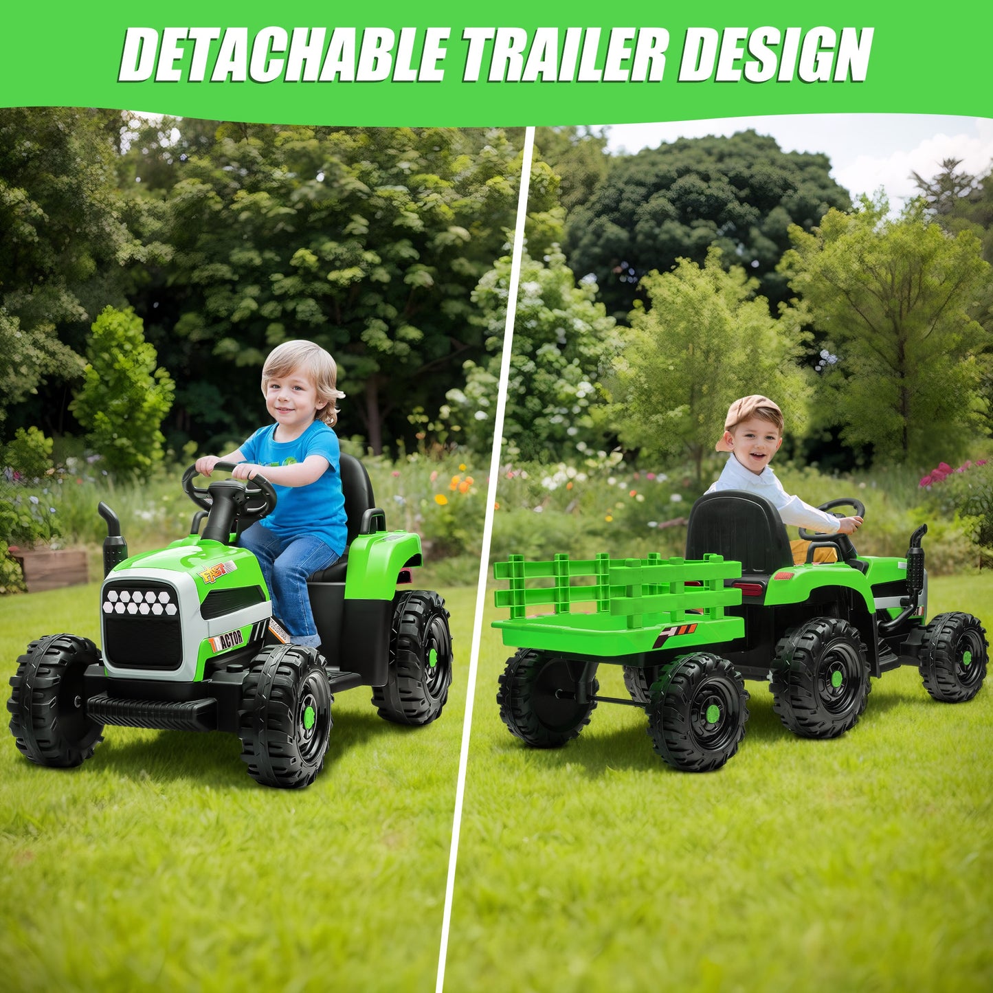 Powered Ride on Toy Tractor, 24V Kids Ride on Car with Remote Control, Electric Vehicles for Kids Toddlers 3-6 Years with 3 Speeds, Bluetooth, Music Player, LED Light, Rear Wheel Suspension, Green