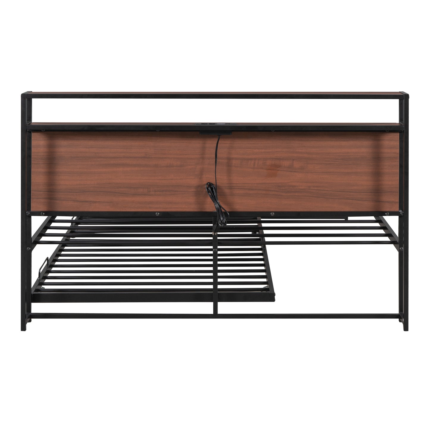Queen Size Metal Platform Bed Frame with Twin Size Trundle, Queen Size Bed Frame with Storage Headboard, Outlet/USB Ports, Steel Slat Support, Queen Bed Frame No Box Spring Needed for Bedroom, Black