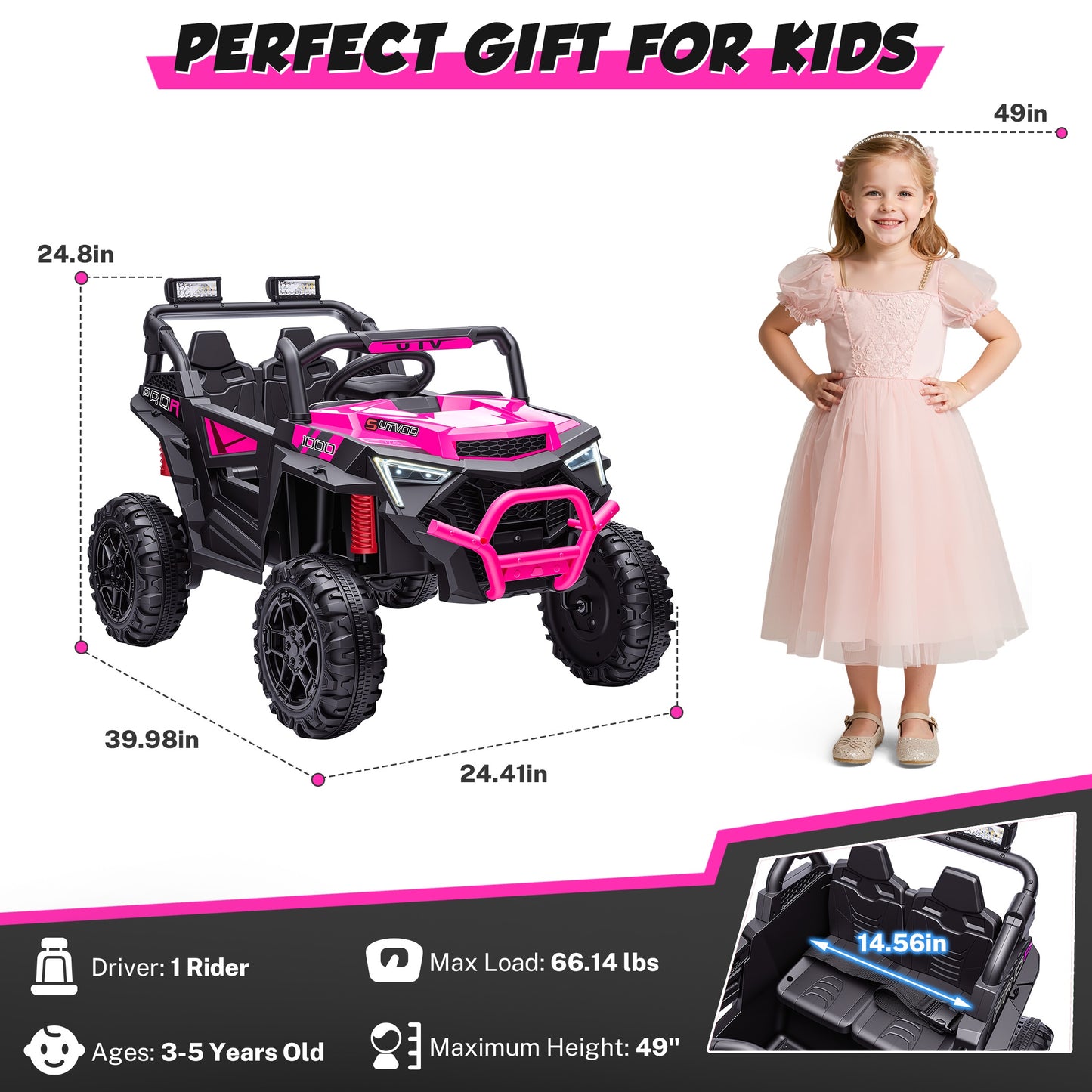 iRerts 24V Powered Ride on Toys, Electric Ride on UTV with Remote Control, Four-Wheel Suspension, LED Lights, Bluetooth Music, Ride on Cars Vehicle for Kids Ages 3-6, Pink