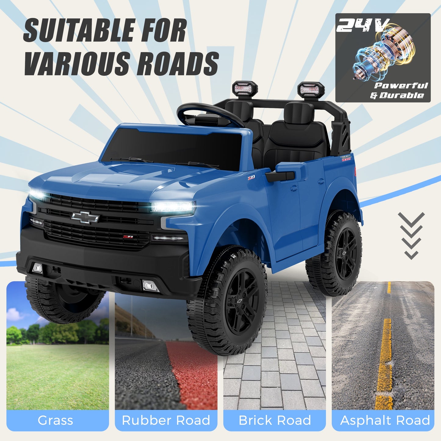 24V Powered Ride on Toys Car, Licensed Chevrolet Silverado 2 Seater Ride on Cars with Remote Control, Spring Suspension, LED Lights, Bluetooth Music, Toddler Electric Car for Kids Ages 3+, Blue