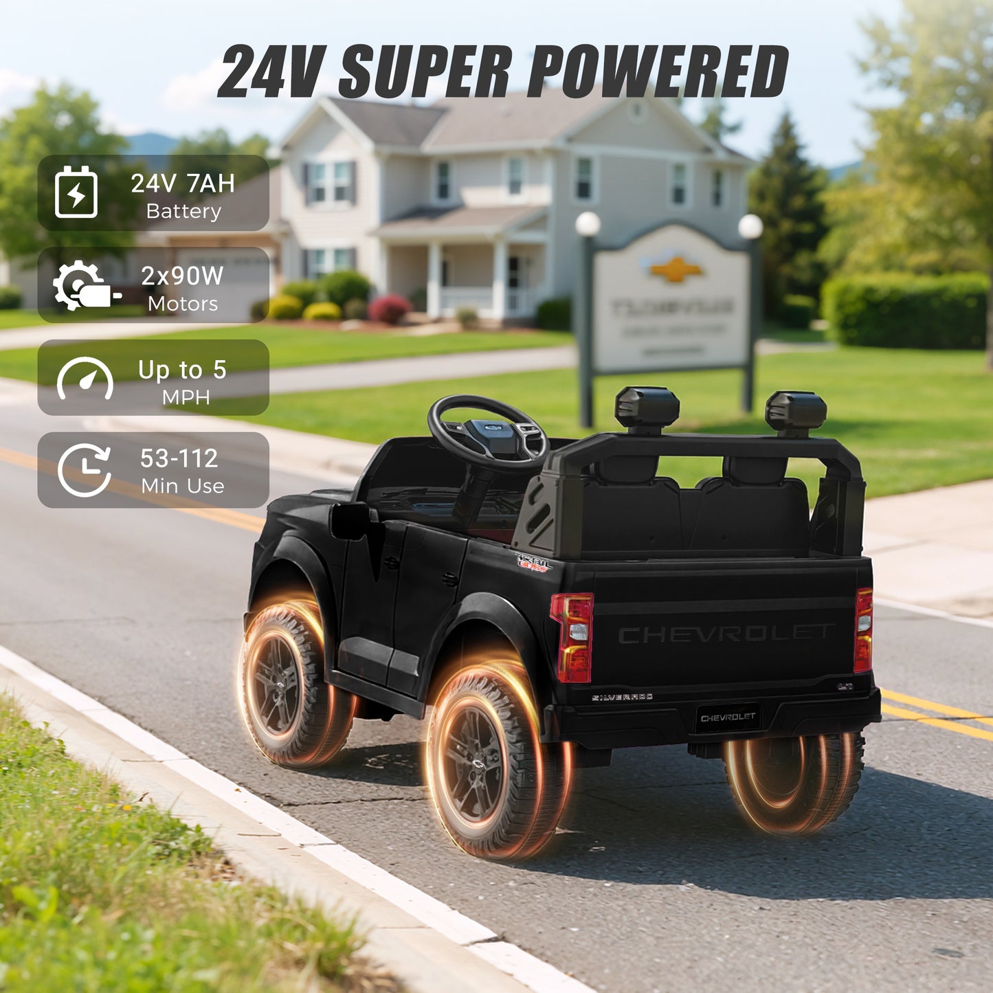 24V Powered Ride on Toys Car, Licensed Chevrolet Silverado 2 Seater Ride on Cars with Remote Control, Spring Suspension, LED Lights, Bluetooth Music, Toddler Electric Car for Kids Ages 3+, Black