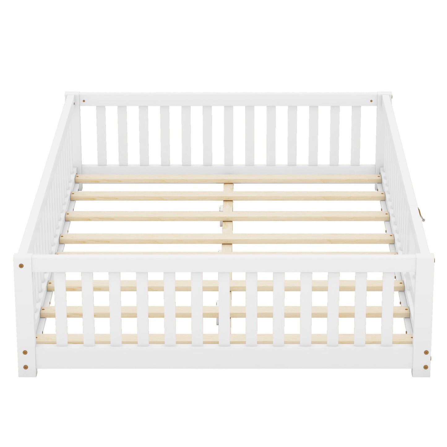 iRerts Full Floor Bed Frame for Toddlers Kids, Wood Full Montessori Bed Frame with Slats, Fence, Door, Kids Montessori Bed Full Size, Full Toddler Bed Frame for Boys Girls, White