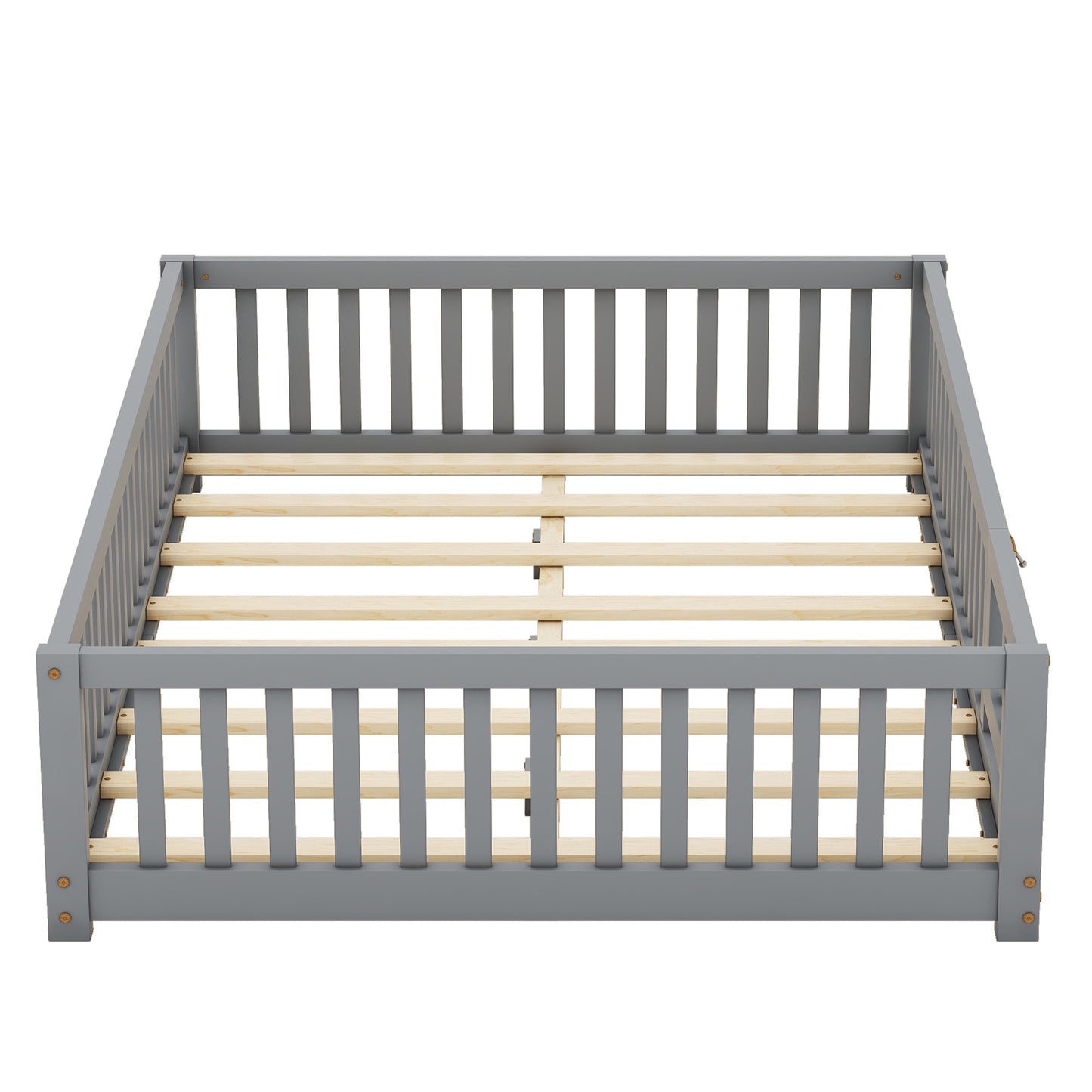 iRerts Full Floor Bed Frame for Toddlers Kids, Wood Full Montessori Bed Frame with Slats, Fence, Door, Kids Montessori Bed Full Size, Full Toddler Bed Frame for Boys Girls, Gray