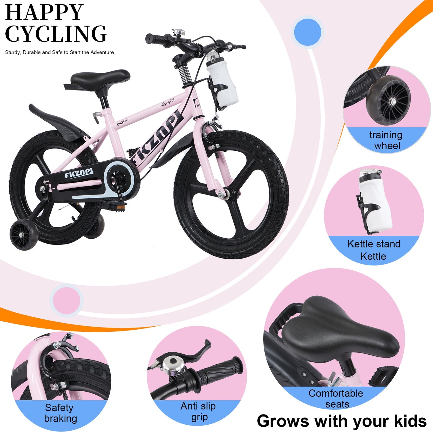 iRerts Kids Bike, 18 Inch Kids Bicycle for Boys Girls Ages 3-7, Toddlers Bike with Water Bottle Holder, Training Wheels with Night Glow, Adjustable Seat, Pink