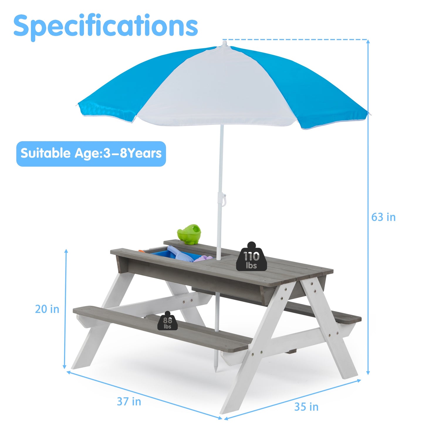 Kids Outdoor Picnic Table Set with Bench, 3 in 1 Sand and Water Activity Table Outdoor Convertible Picnic Table with Umbrella, Removable Tabletop, Play Boxes, Kids Table and Chair Set for Patio, Gray