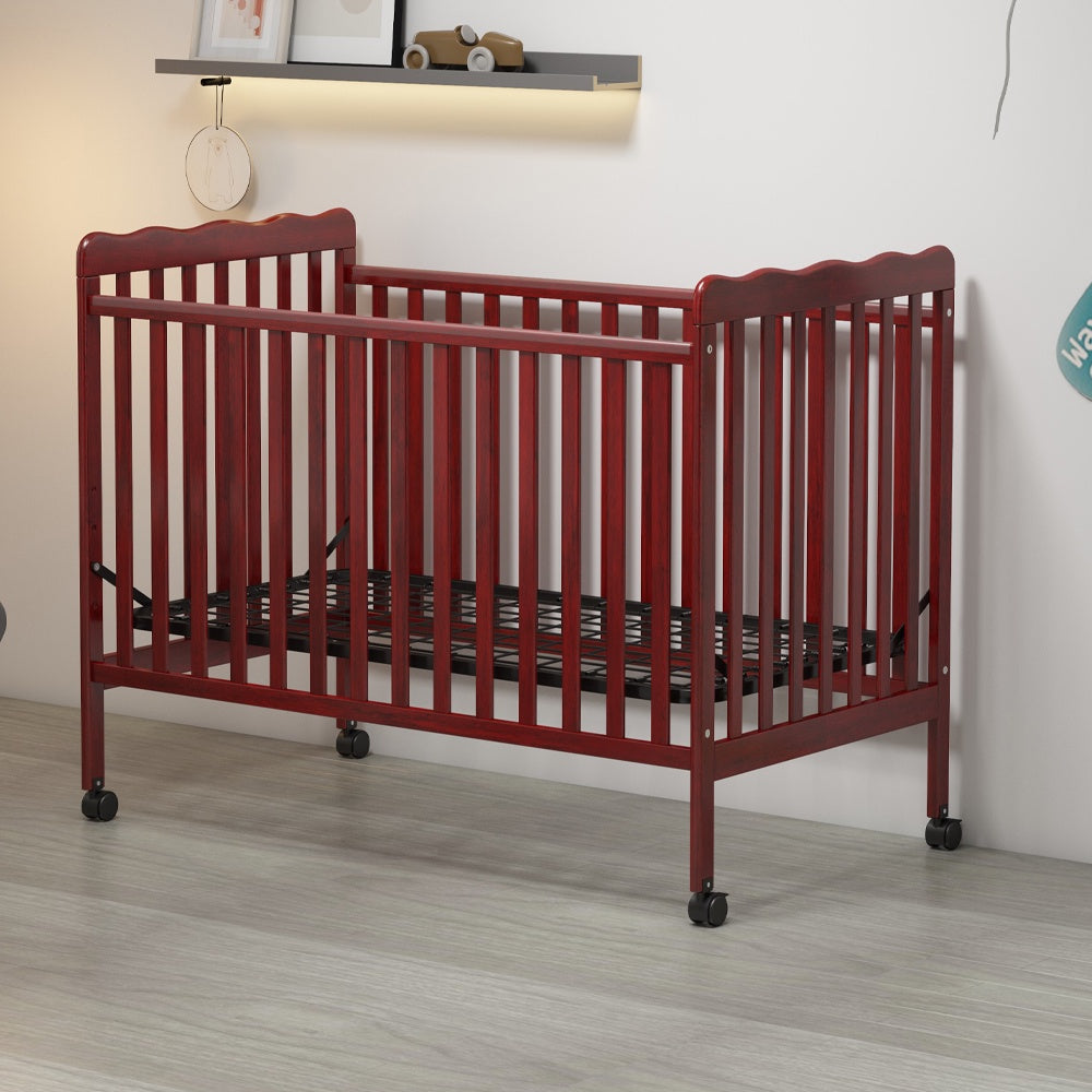 iRerts 3 In 1 Convertible Baby Crib, Wood Converts from Baby Crib to Toddler Bed and Daybed, Baby Bed with Locking Wheels, 4 Adjustable Mattress Heights, Non-Toxic Finish, Cherry