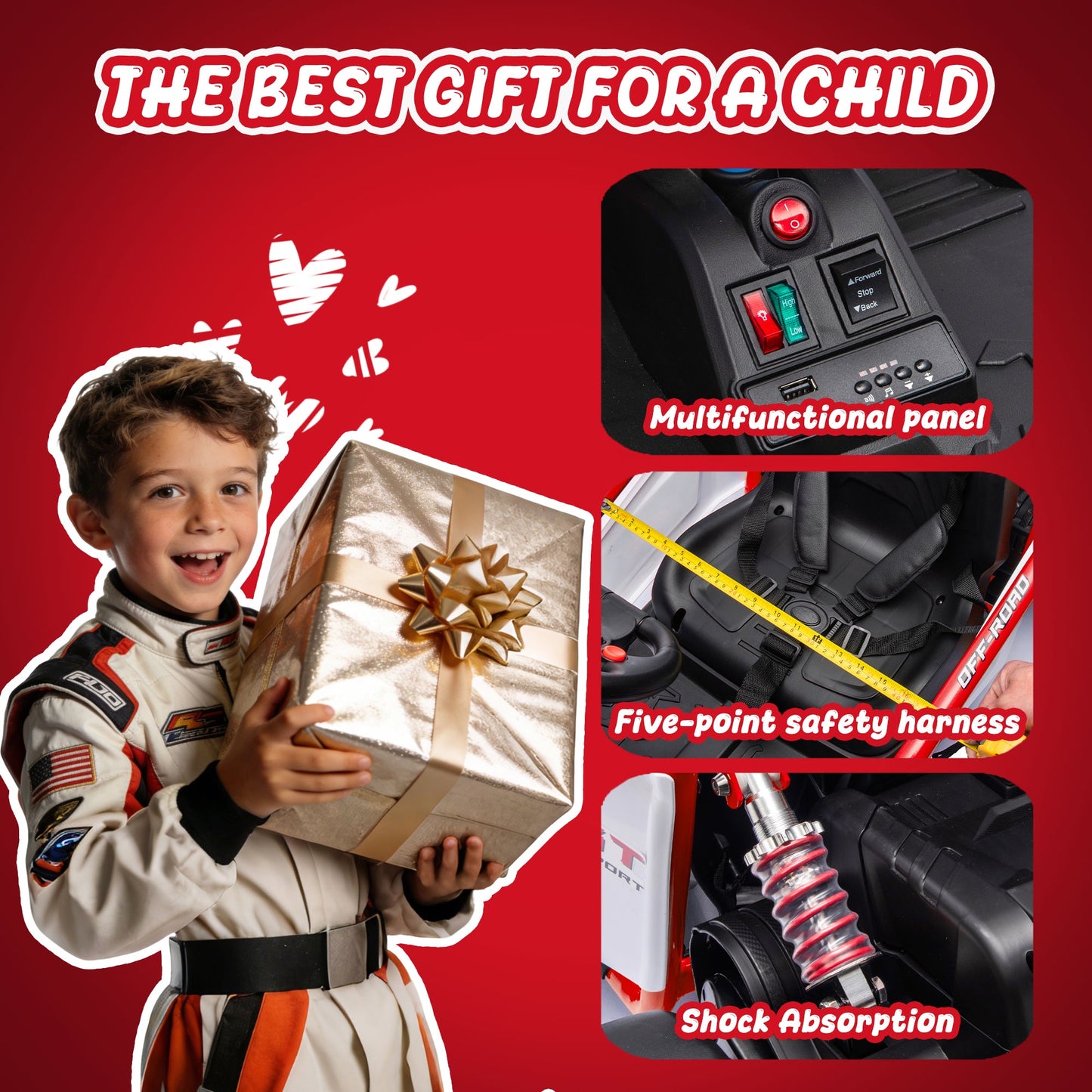 24V Powered Ride on Toys, iRerts Electric Go Kart with Drift Mode, Bluetooth Music, EVA Front Tires, Rear Wheel Suspension, Max Speed 7.5 MPH, Crazy Go Cart Electric Car for Kids 6-12 Ages, Red