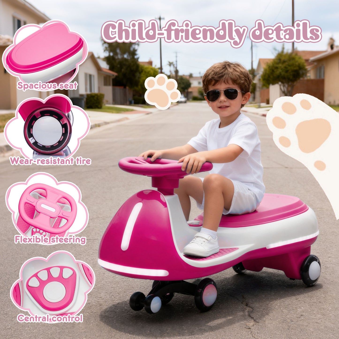 12V Electric Wiggle Car, Powered Ride on Toys for Kids with Flashing PU Wheels, Bluetooth Music, 2-in-1 Swing Car Kids Electric Vehicles for Boys Girls Ages 3+, Rose Red