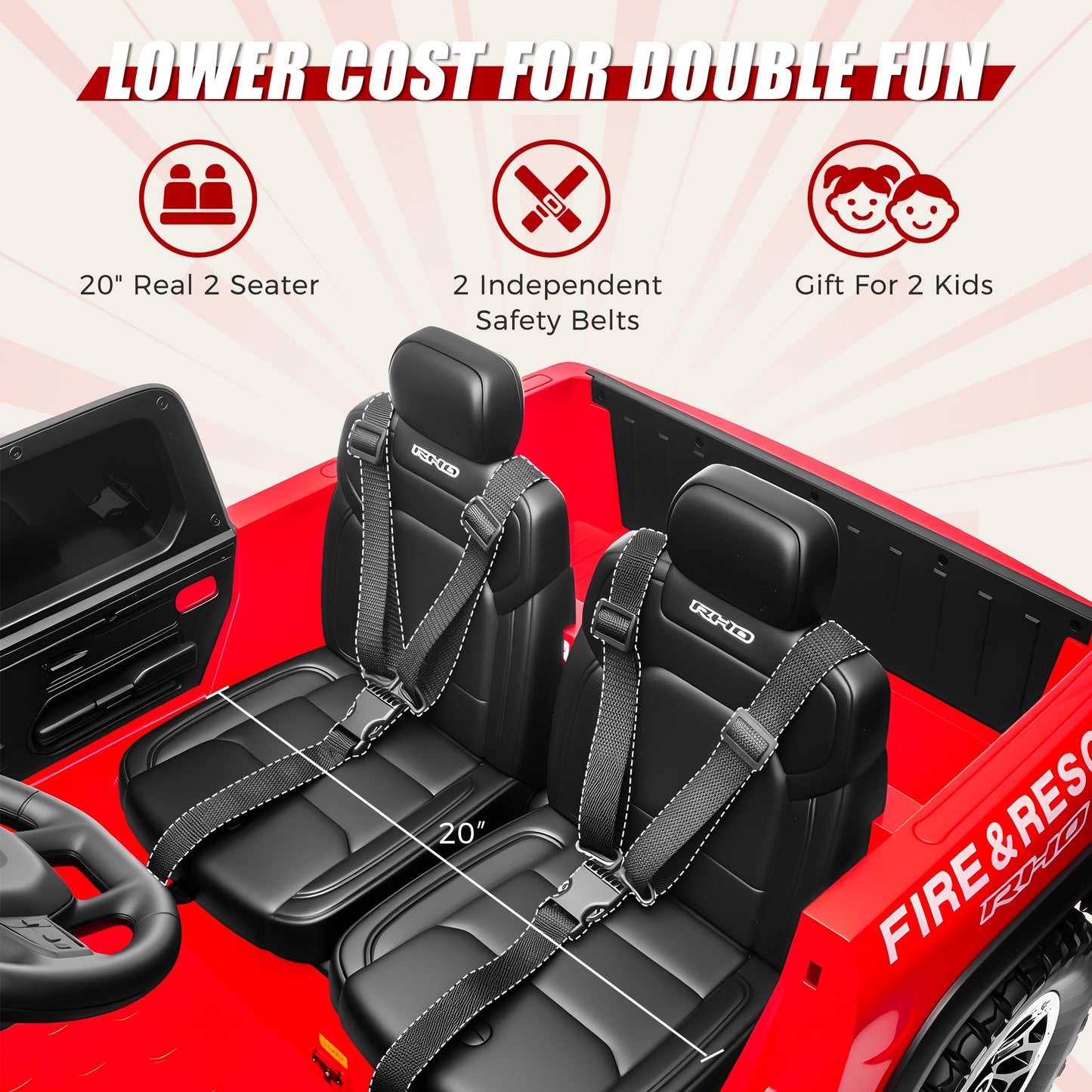 24V Licensed RAM 1500 Ride on Fire Truck for Kids, 2 Seater Ride on Car with Parent Remote Control, Bluetooth, LED Lights, Siren, Rear Storage, 4-Wheel Suspension, Ages 3-8, Red