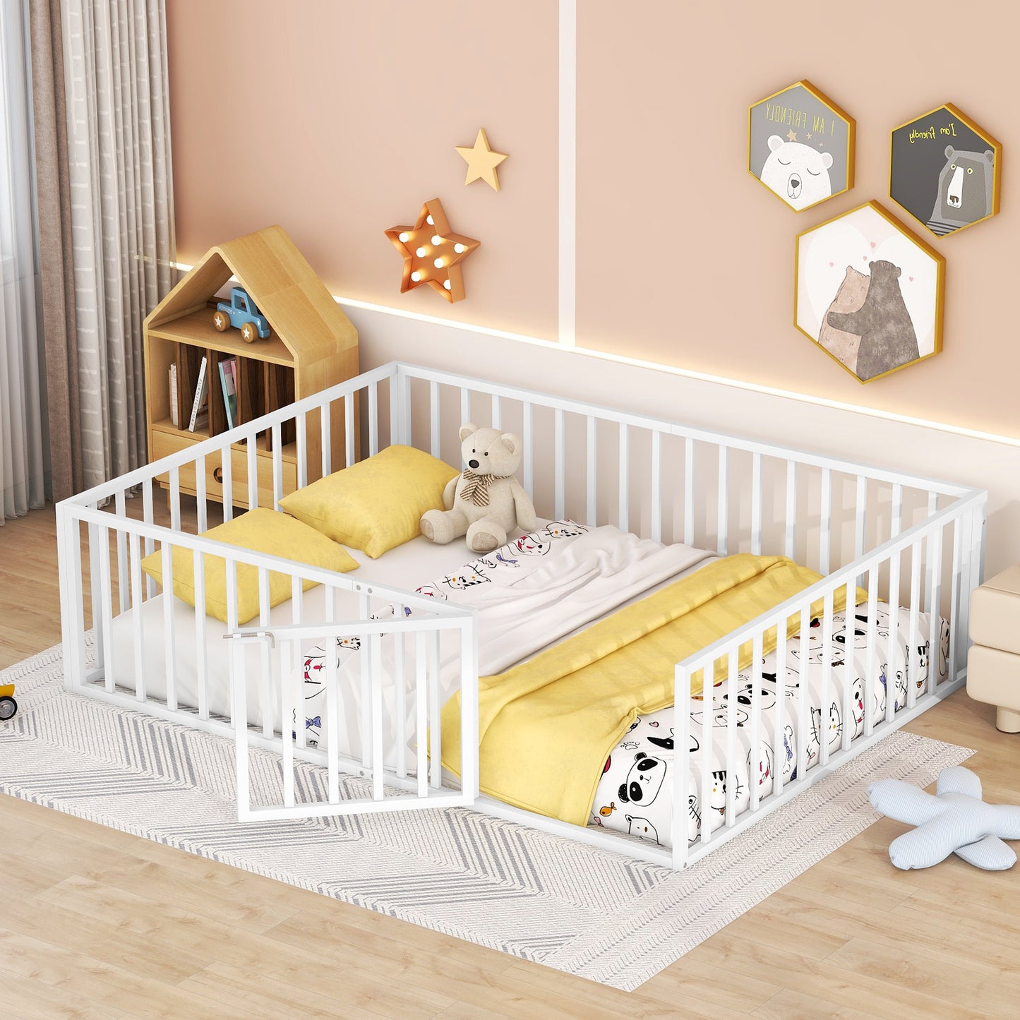 iRerts Queen Floor Bed Frame, Metal Queen Size Montessori Floor Bed Frame with Fence and Door, Kids Toddler Floor Bed Frame Queen Size for Girls Boys, Twin Bed Frame without Bed Slats, White