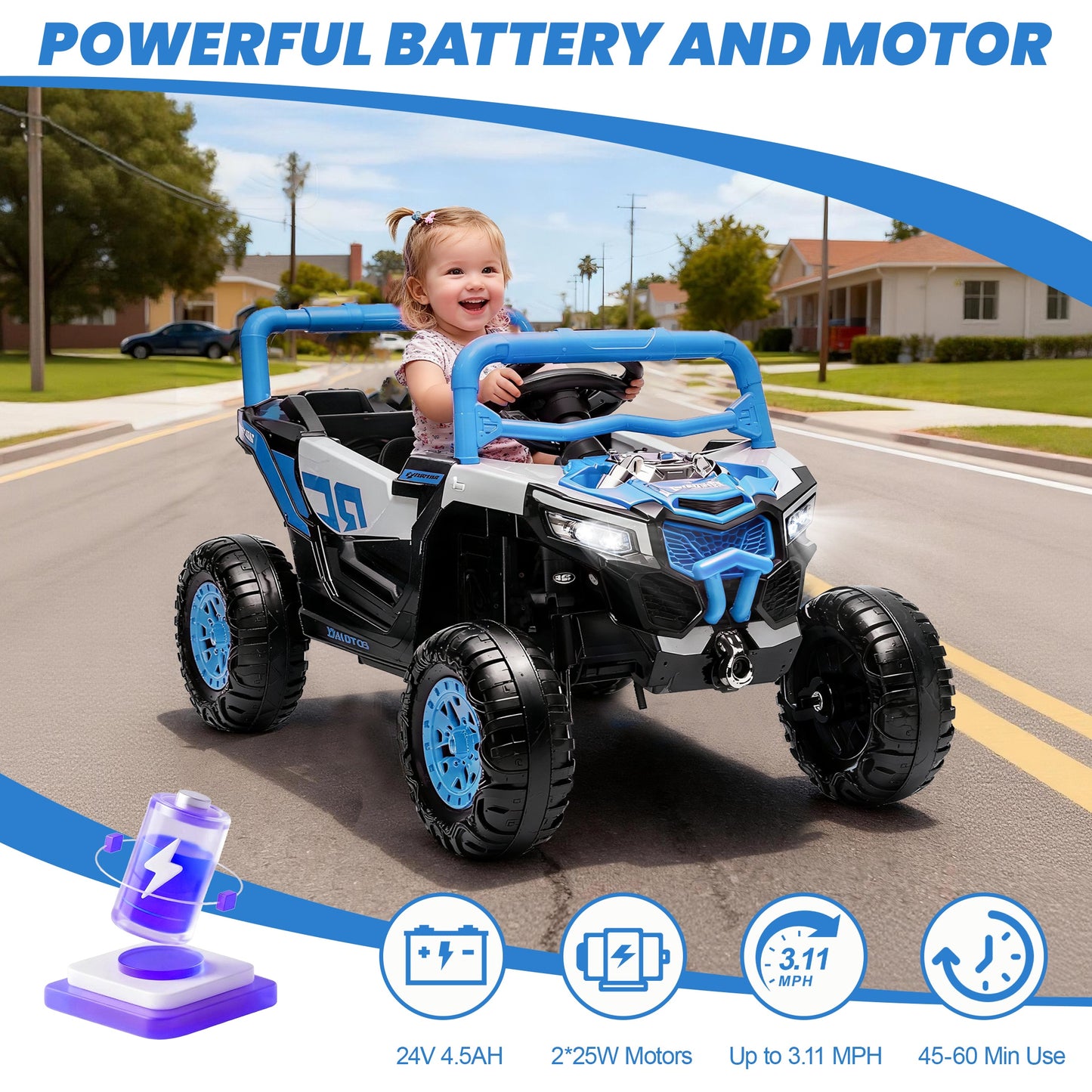iRerts 12V Electric Ride on UTV, Powered Ride on Cars with Parent Remote Control, LED Lights, Music Player, Front Shock Absorbers, Ride on Toys for Kids Boys Girls Ages 3-4, Blue