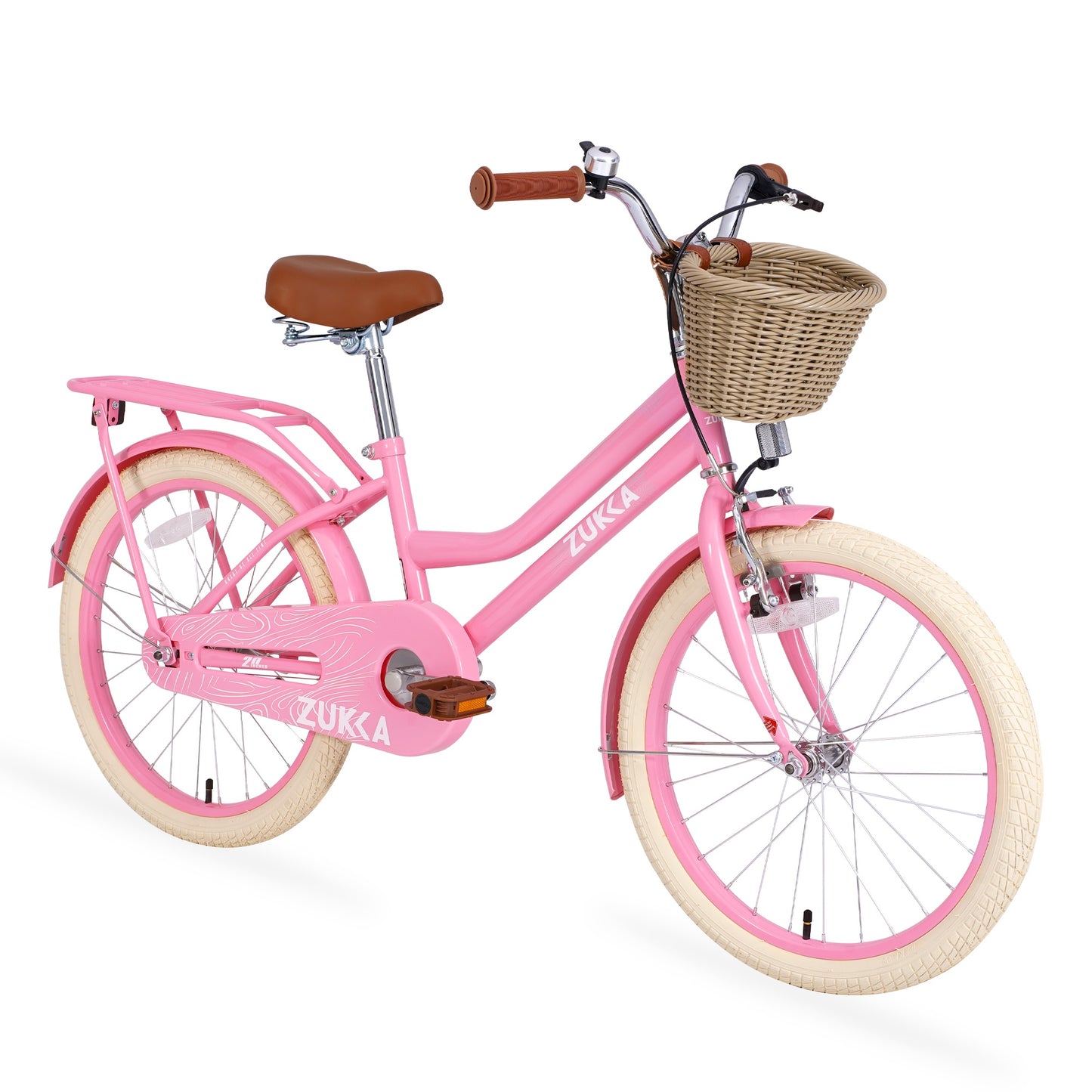 iRerts Girls Bike for 7-10 Years Old Kids, 20 Inch Bike with Basket, Brown Leather Saddle, Coaster Brakes, Retro Style Girls Bicycle Kids Cycle Bikes, Kids Bicycle for Gifts, Light Pink