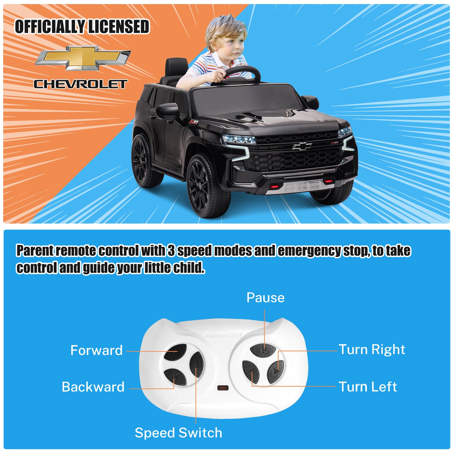 iRerts Black 12V Chevrolet Tahoe Powered Ride On Cars with Remote Control, Kids Ride on Toys for Boys Girls Gifts Ages 3-6, Battery Powered Kids Electric Cars with Music, MP3/USB/AUX Port