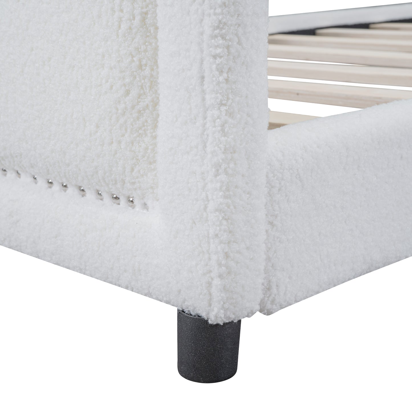iRerts Twin Size Upholstered Daybed Frame for Kids, Teddy Fleece Twin Platform Bed Frame with OX Hor Shaped Headboard and Footboard, Wood Twin Size Sofa Bed for Girls Boys, White