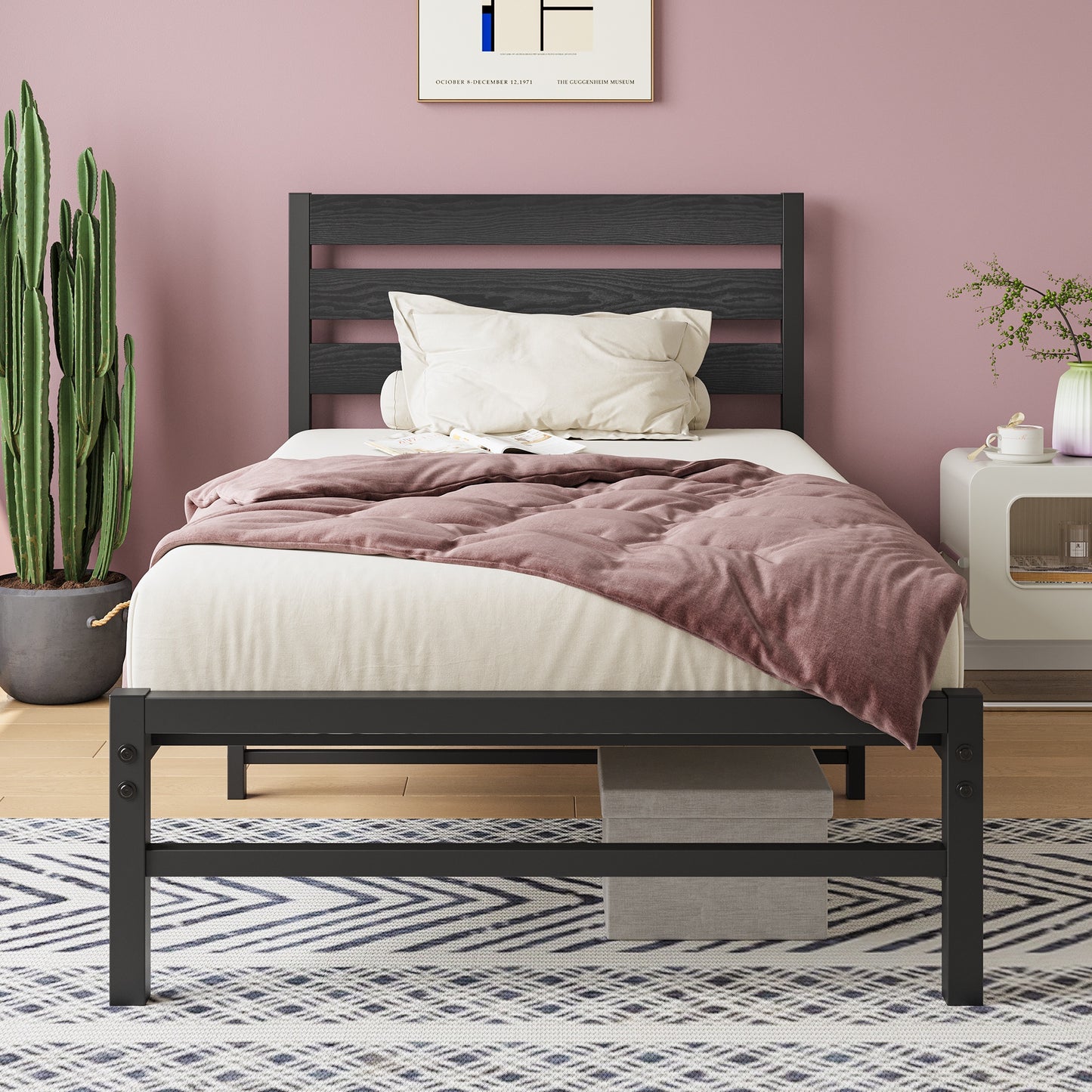 iRerts Twin Bed Frame with Headboard, Metal Platform Bed Frame No Box Spring Needed, Bed Frame Twin Size with Metal Support,  Noise-Free, Under Bed Storage, Easy Assembly, Black