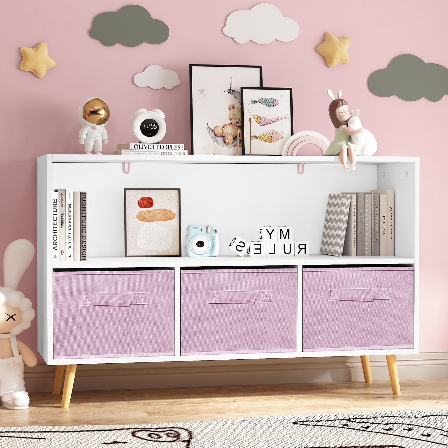 iRerts Kids Bookcase with Toy Storage Cabinet Toddler Bookshelf Wooden Book Shelf Organizer for Kids, Cubes Bookshelf for Boys and Girls